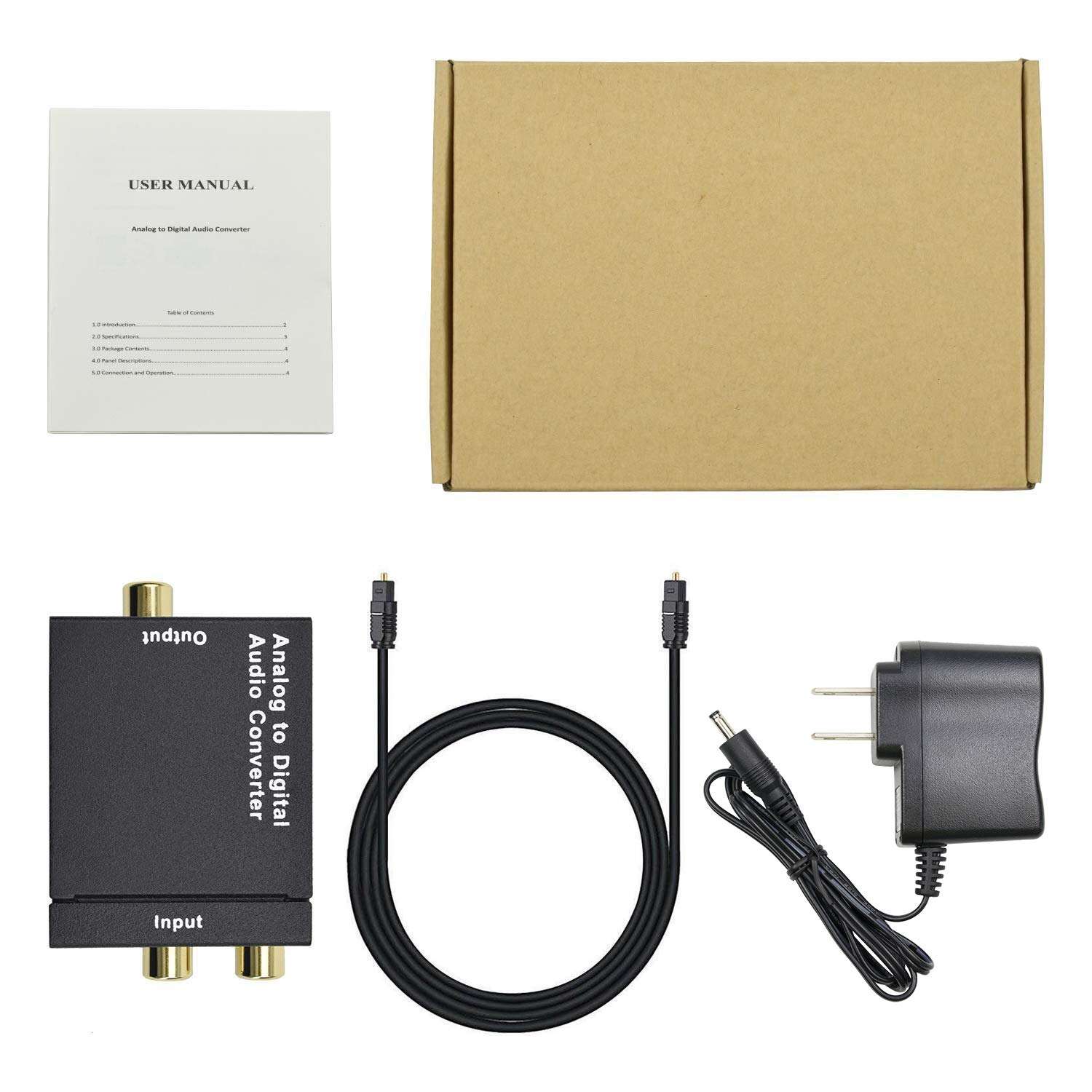 Analog AV to Digital Converter,Ozvavzk Anolog R/L to Optical Toslink Coaxial Audio Adapter with Optical Cable and Power Supply 6