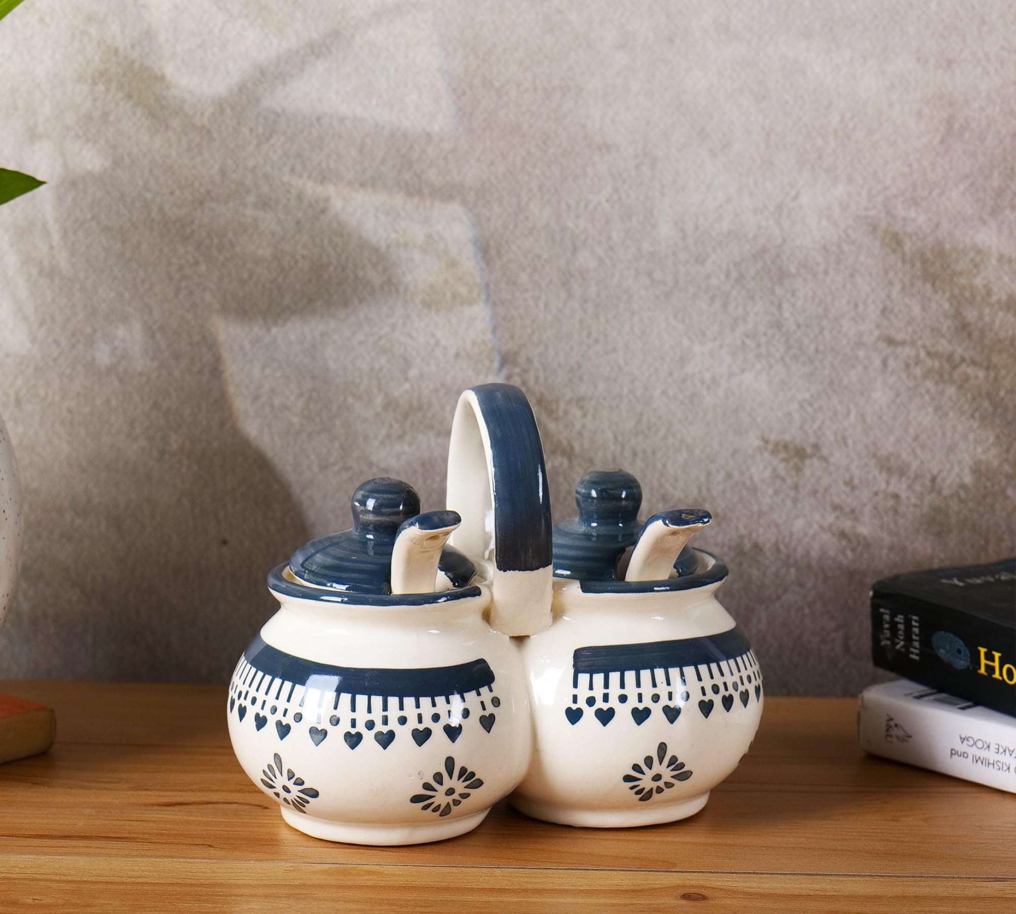 Niyara Multipurpose Storage Ceramic Pickle set Jars & with Lid & tray (Set of 2, 300 ML) (Grey flower design) 3