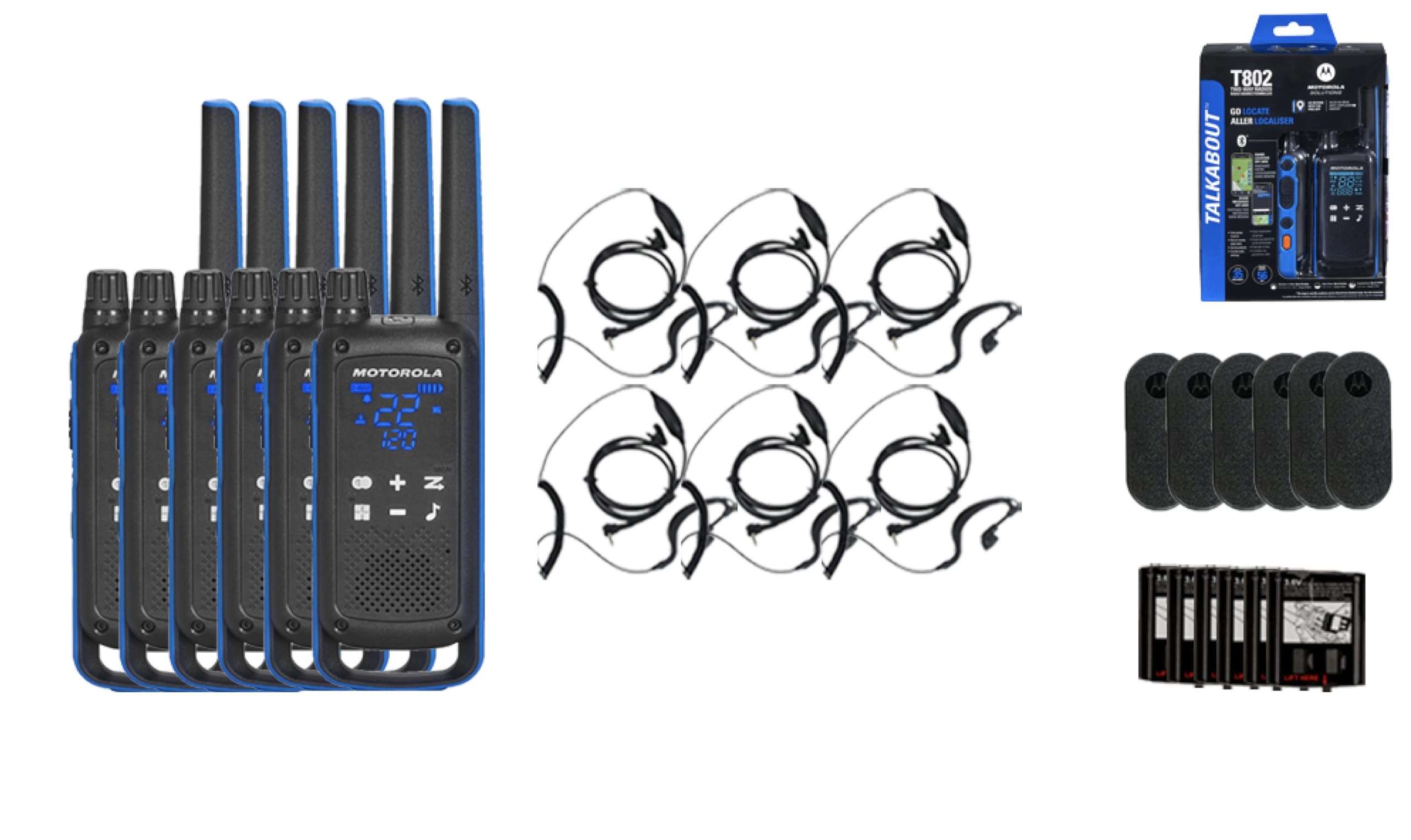 Motorola Solutions, Talkabout T802, Portable FRS Two Way Radio 6 Pack Walkie Talkies Blue/Black 22 Channels 6 PTT Curl Earpieces 1