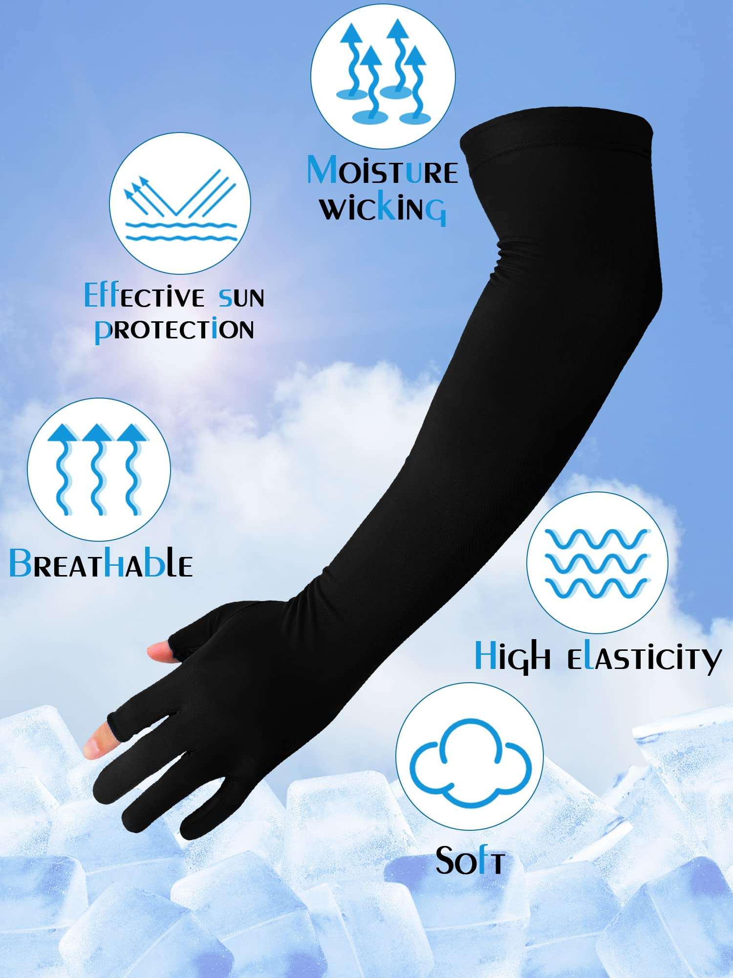 Bencailor 2 Pairs Sun Sleeves for Men Women with 2 Finger Holes Anti Slip Long Cooling Arm UV Protective Sleeves(Black, White) 6