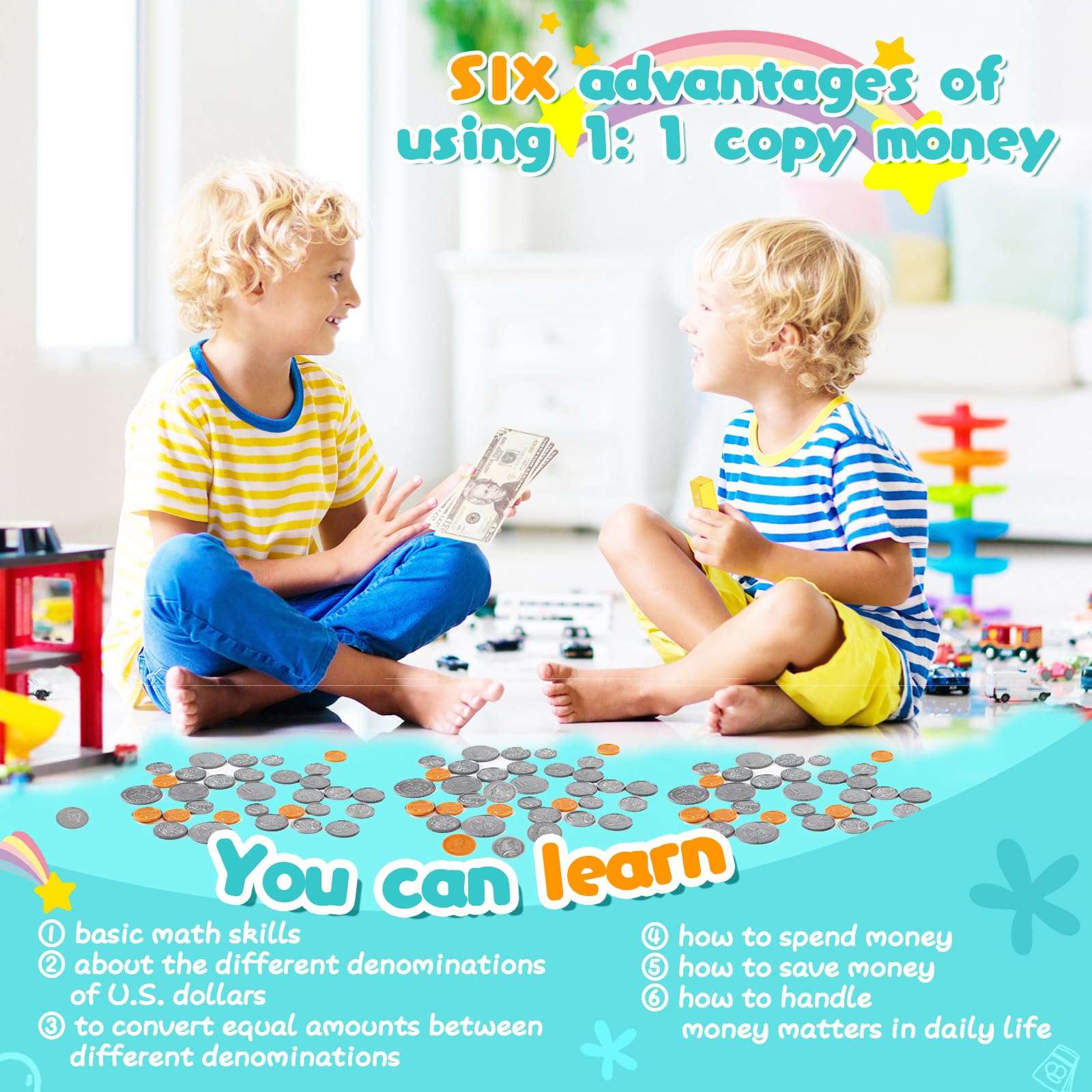 Quiet Flower Learning Pretend Play Coin, Copy Pretend Coins Toys for Kids, Prop Fake Coins and Banking Play Toys Set(200pcs) 3