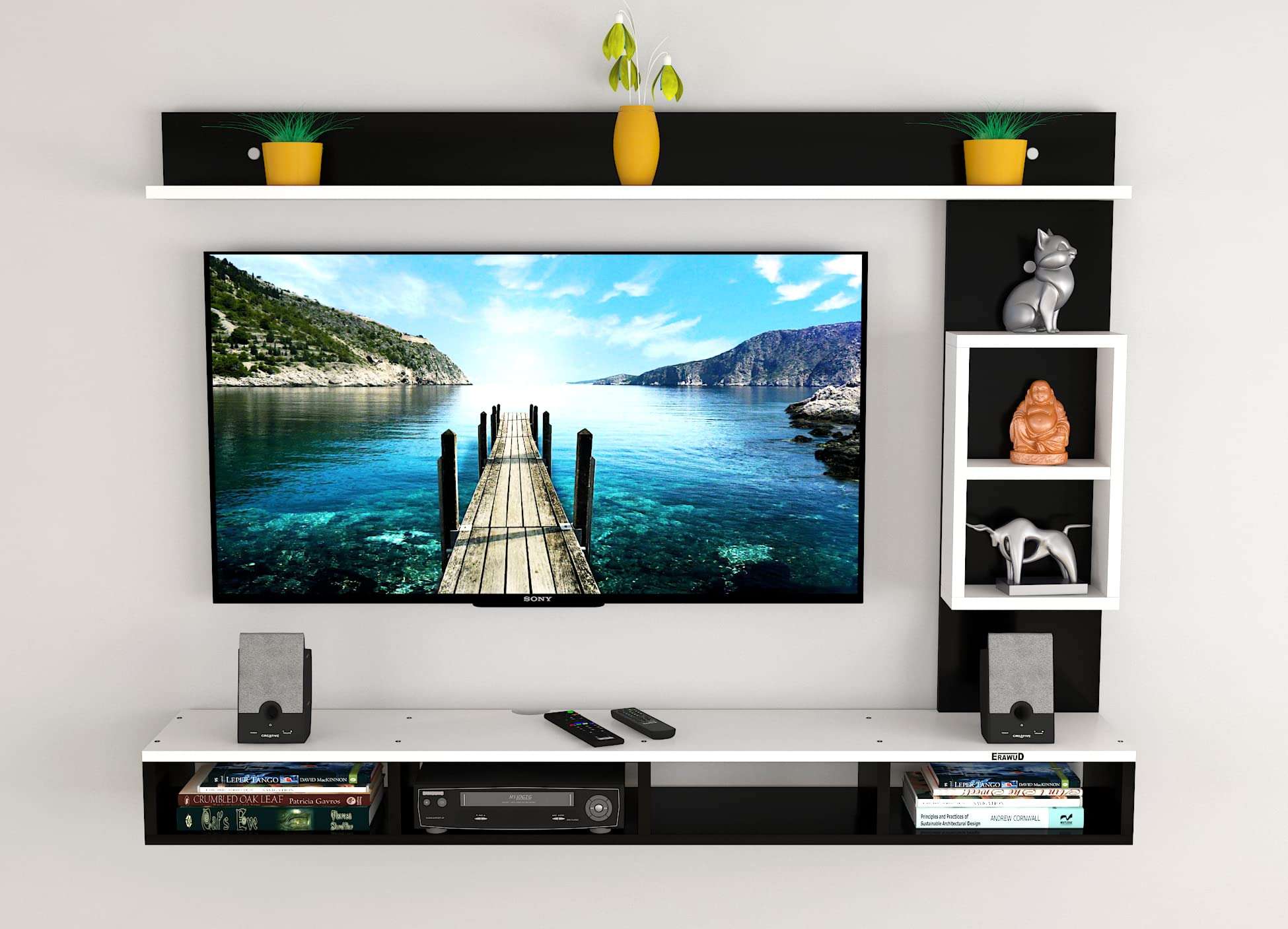 ERAWUD DEWOLT Engineered Wood TV Entertainment Unit, Set Top Box Stand | TV Cabinet for Living Room with Wall Shelf Display Rack, Wall Mounted TV Unit - Ideal for Upto Size 43 - Black & White 1