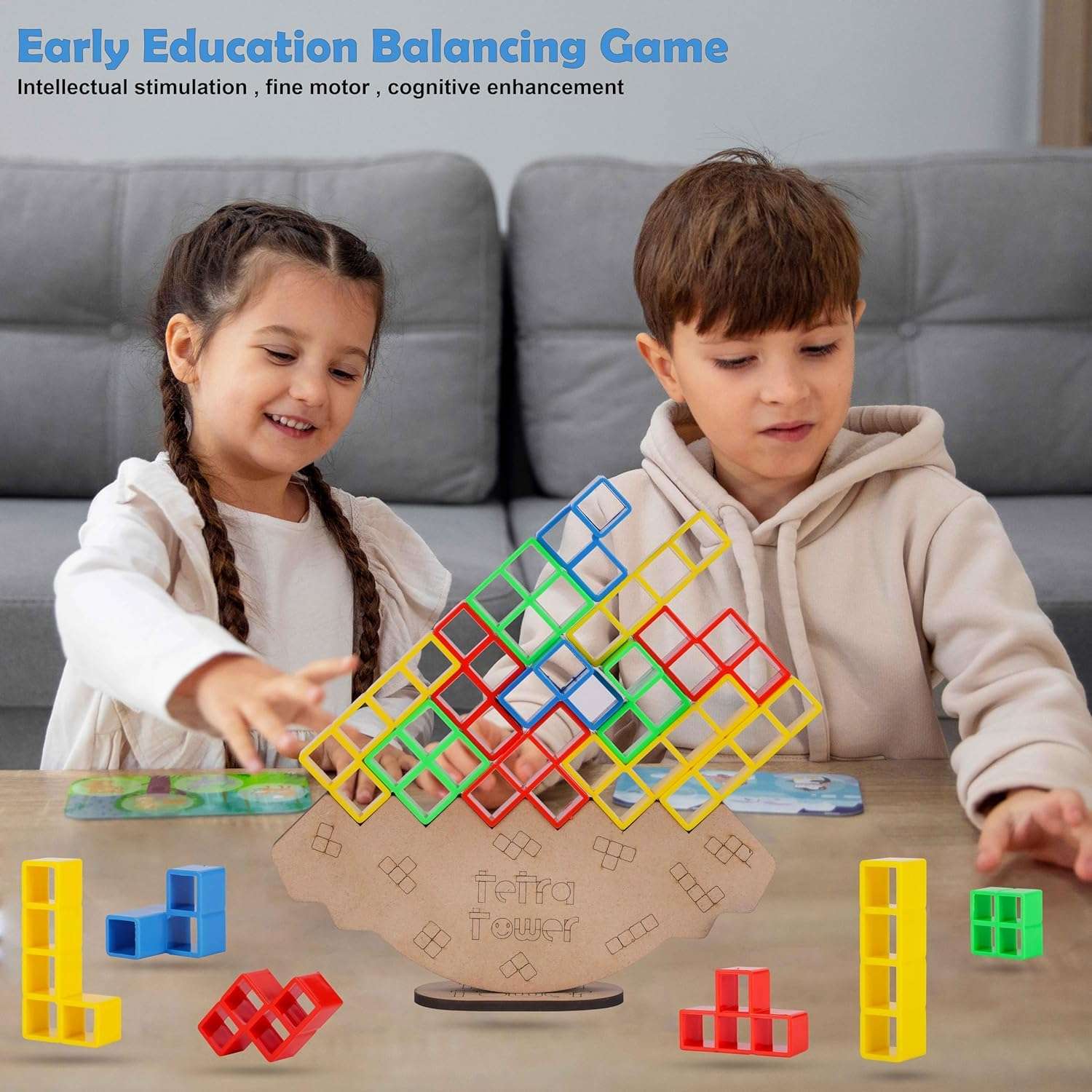 Qwick Click Creative Wooden Building Blocks Set with Stacking Cubes and Triangles, Educational Tie-Dye Toys for Kids 4