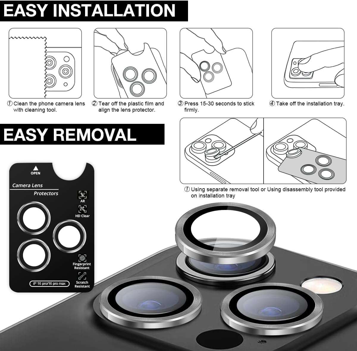 CASENED Camera Lens Protector for iPhone 16 Pro/iPhone 16 Pro Max - Alloy Metal Ring with Tempered Glass - Scratch Resistant, Easy Installation 6