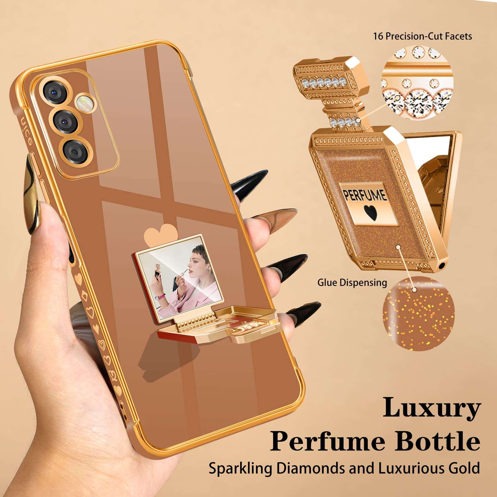 Buleens for Galaxy A13 5G Case with Metal Perfume Bottle Mirror Stand, Cute Women Girly Heart Cases for Samsung Galaxy A13 5G Case, Elegant Luxury Phone Cover for Samsung A13 5G Case 6.5'' Brown 5