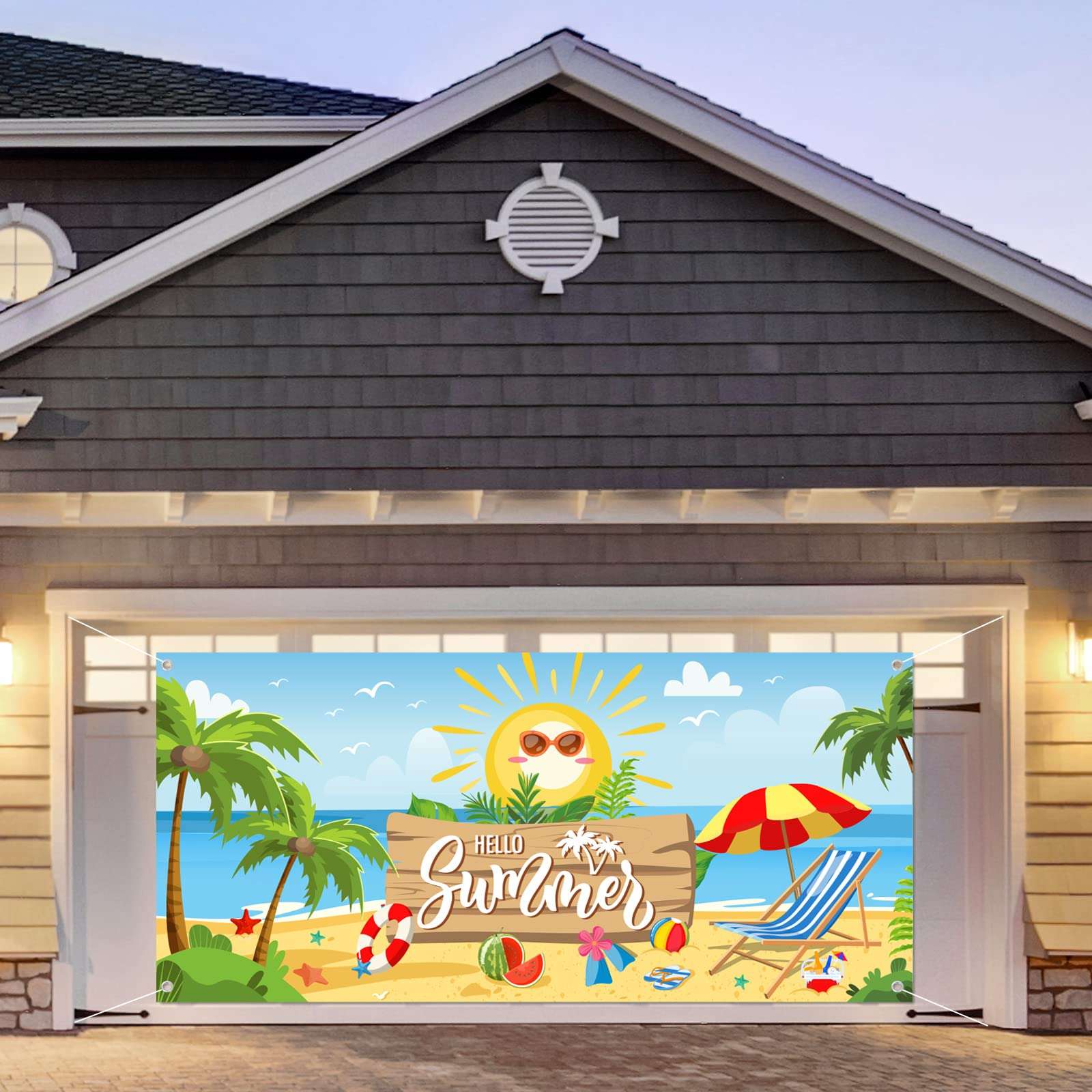 Whaline Hello Summer Garage Door Banner Beach Scenery Garage Door Cover 6x13Ft Summer Backdrop Decoration for Hawaiian Pool Party Indoor Outdoor Wall Door House Background Decor 5