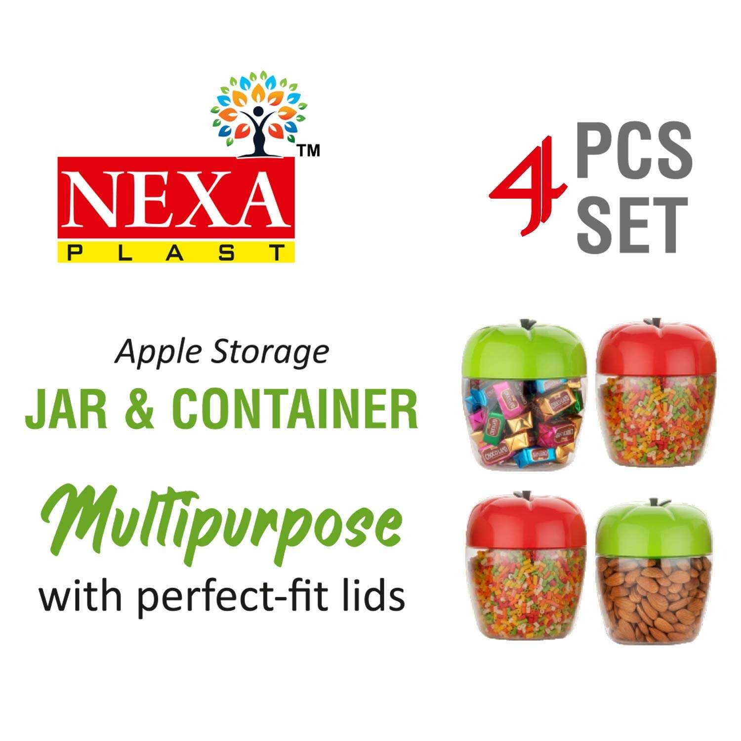 Primelife Nexa 4 Pcs Round Plastic Jar/Container with Apple Shape for Kitchen Storage Pickle, Sauce, jam, Dry-Fruit, Chutniey jar Airtight with Lid, 750ml - Multicolour (Apple 4) 5