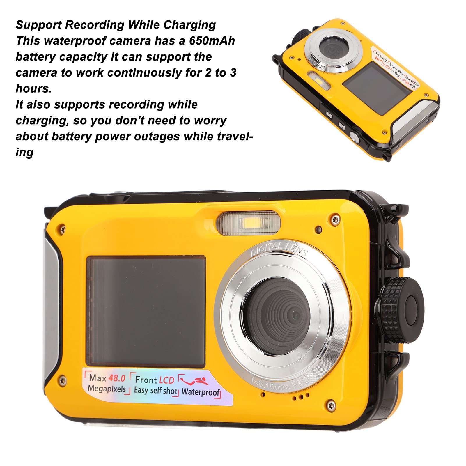 Boxwizard Full HD 2.7K 48MP 10ft Waterproof Underwater Digital Camera 16X Digital Zoom Front Rear Double Screens Waterproof Digital Camera (Yellow), Boxwizardzakner1730-11 4