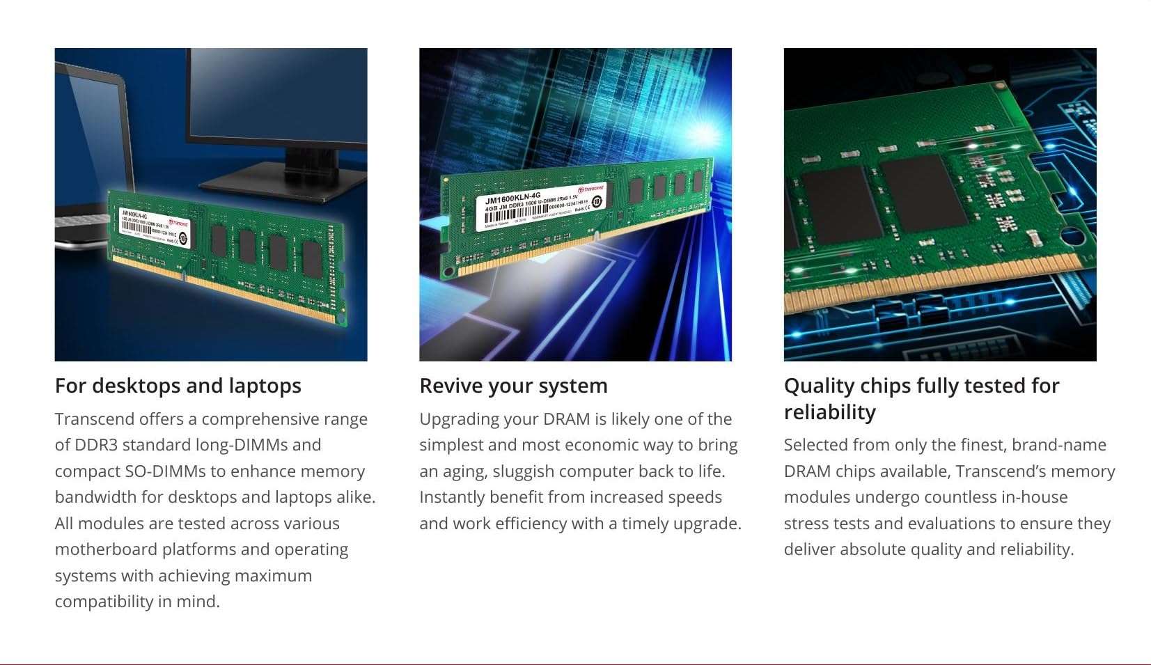 Transcend 8GB DDR3 1600 U-DIMM 2Rx8 1.5V, RAM, CL11, Non-ECC High Performance, Unbuffered, PC Desktop Memory Module - JM1600KLH-8G 3