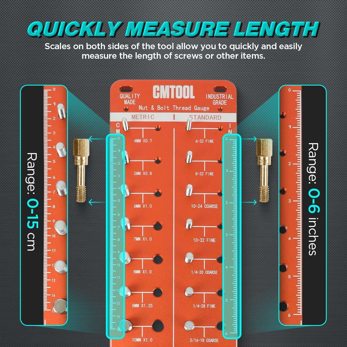 CMTOOL Thread Checker Standard and Metric, Nut Bolt Size and Thread Gauge Set, Aluminum Alloy Bolt Measuring Tool Identifier Board, Screw Size Checker 4