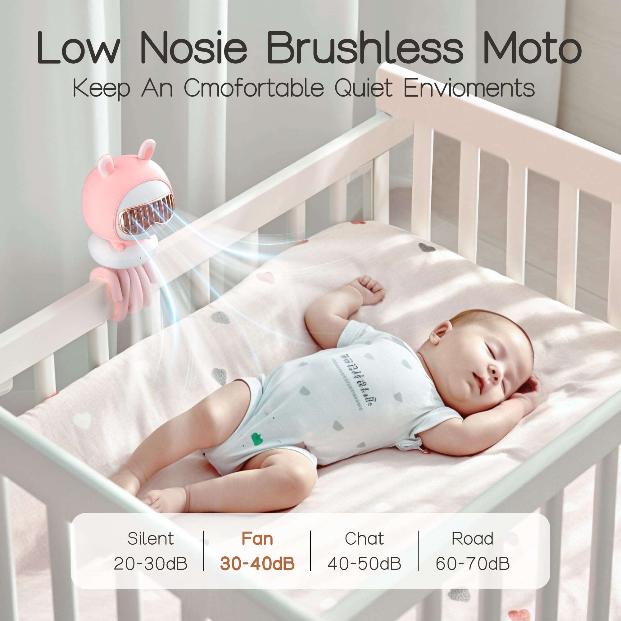 KinYiLO Cute Stroller Fan Clip On for Baby, Portable Bladeless Baby Fan, 4000mAh Rechargeable Battery Operated, Flexible Tripod, 4 Speeds, Auto Oscillating, Small Handheld Cooling Fan for Personal 5