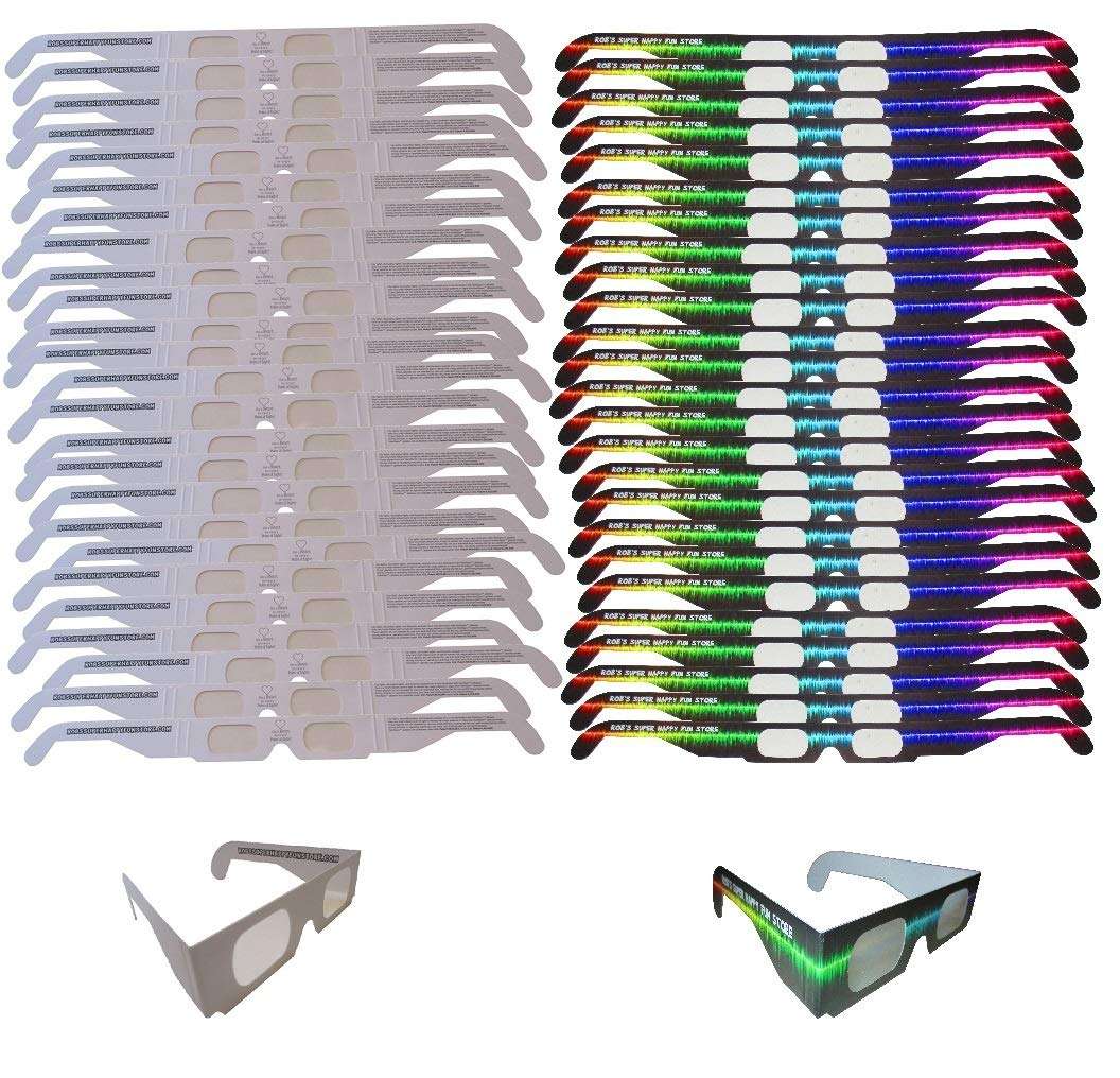 Fireworks Diffraction Glasses - 25 Rainbow Hearts (Plain White Frames) plus 25 Starburst Effect (Rave Waves Frames) - 50 Glasses Total for Fireworks, Holiday Lights, Wedding Receptions, Rave Events 1