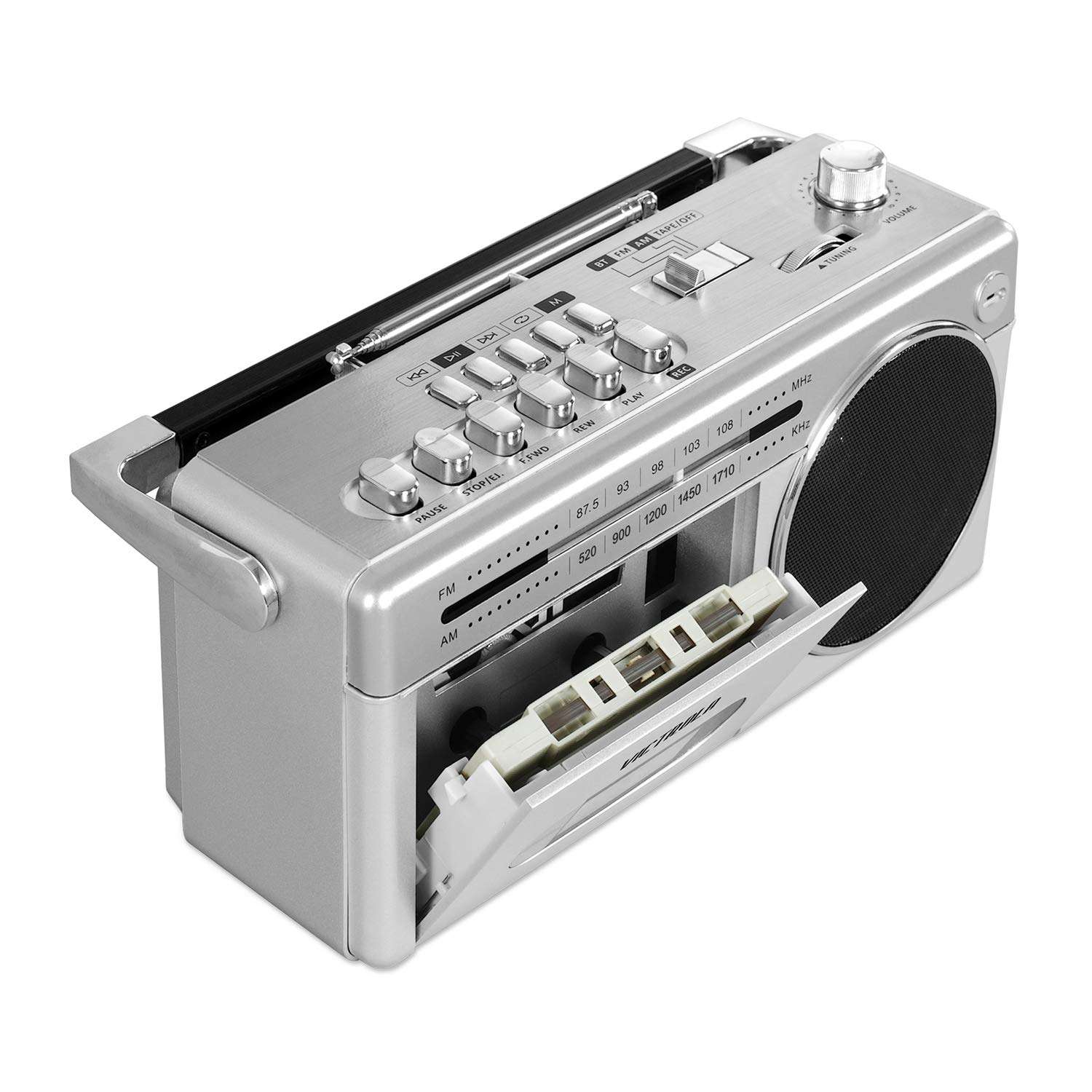 Victrola VBB-25-SLV Mini Bluetooth Boombox Cassette Player Bundle with VSC-550BT-TQ Vintage Suitcase Turntable 5