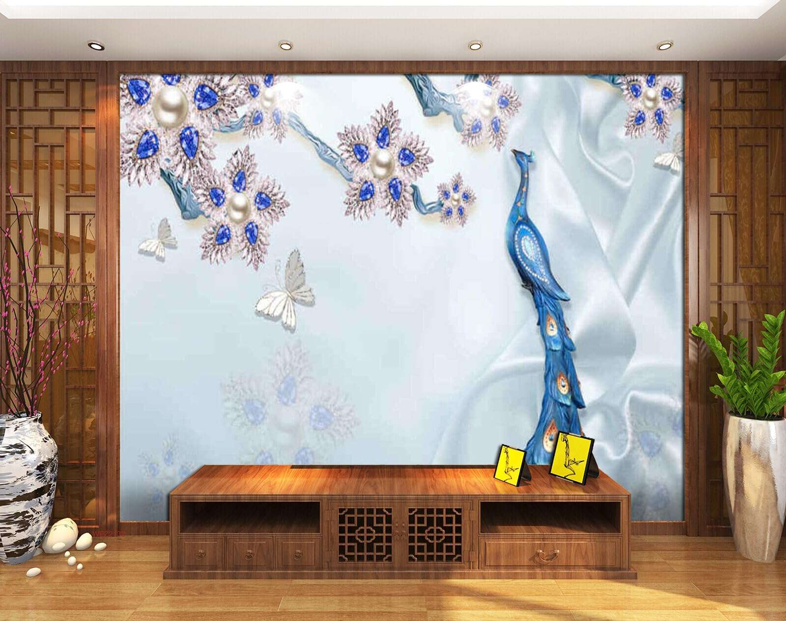 Wall26 - WEZ2132 Beautiful Flowers Jewellery Peacock Plan Butterflies Designed Jewelry Coquette Flower HD 3D Wall Sticker[8 ft x 6 ft] / [244 cm x 183 cm] 3