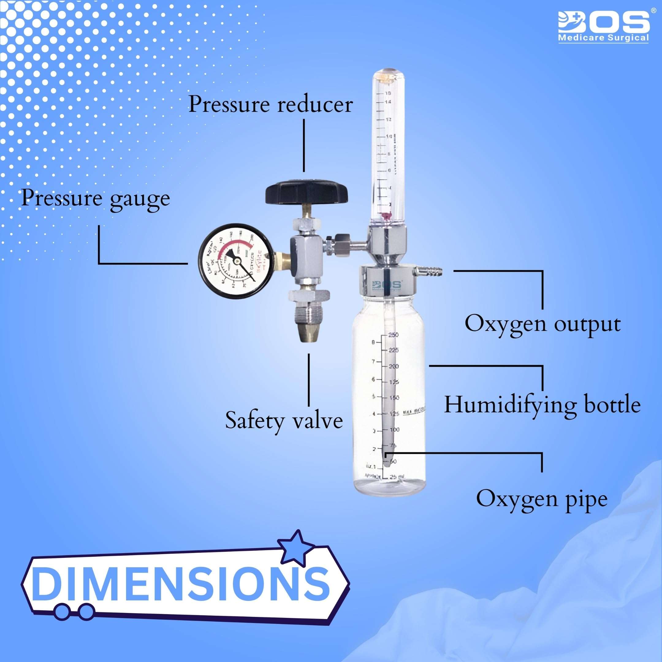 Bos Medicare Surgical Oxygen Flow Meter with Regulator & Humidifier Bottle | Rotameter Type Oxygen Valve – Metal Body (OXY 03) for Medical Use 3