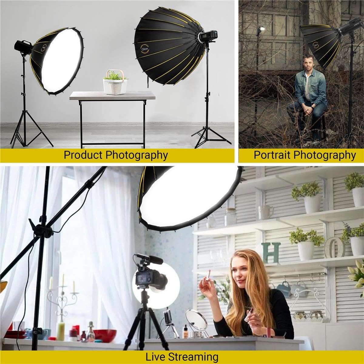 Glow Profond Quick-Open 47.2" Deep Parabolic Softbox (120cm), Octadecagon Fiberglass Rod Round Soft Box with Interchangeable Bowens Mount is Suitable for Outdoor and Indoor Shooting 5