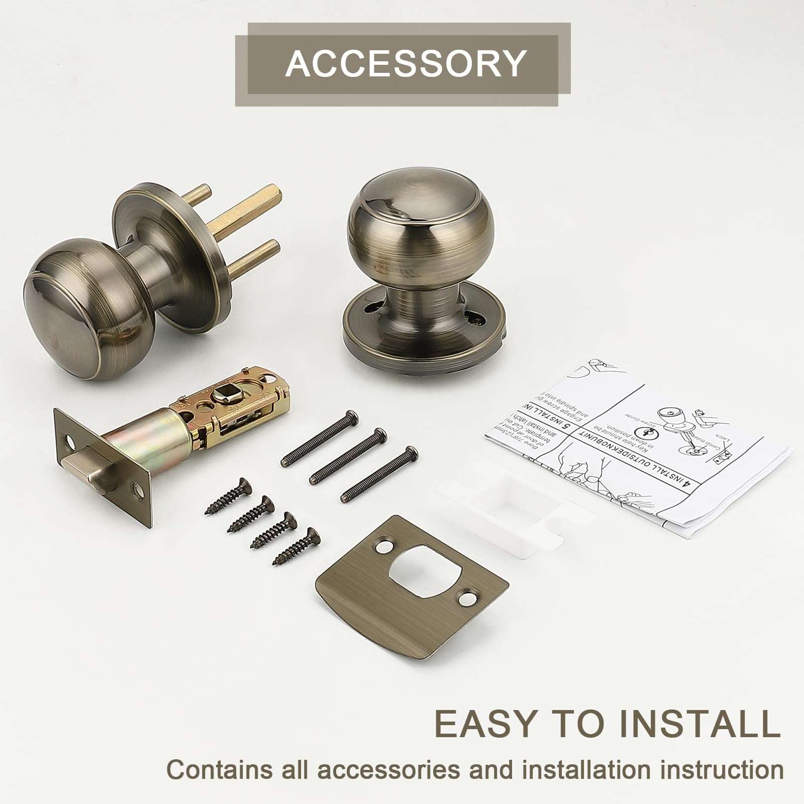 Probrico Round Door Knobs Passage Lock Antique Brass for Closet Hallway Passage Handle Keyless Lockset 6 Pack 6