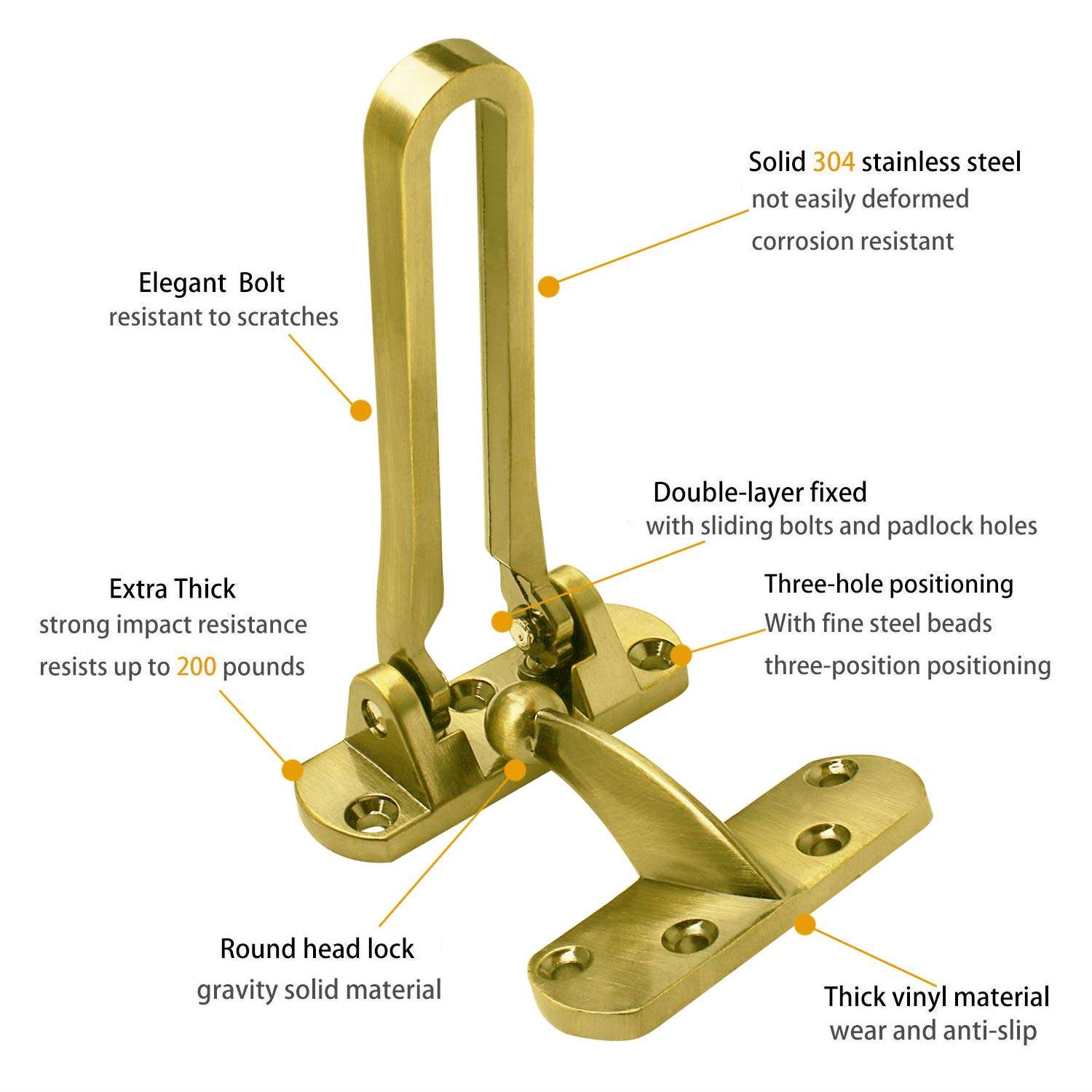 SAISN Door Reinforcement Lock Latch Swing Bar Lock for Home Security Front Door Locks for Kids Thicken Solid Aluminium Alloy (Gold) 3
