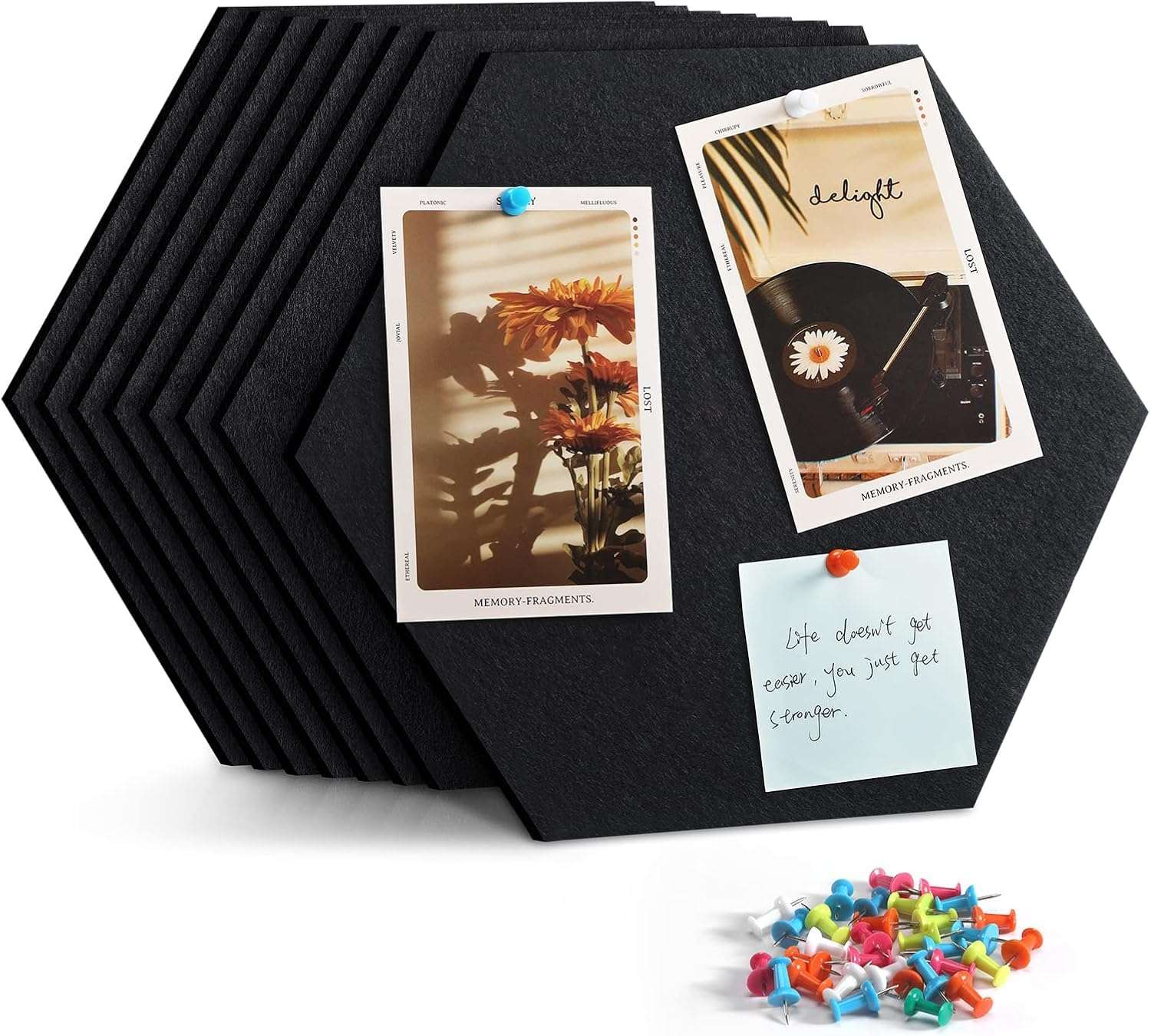 BOSSNUOK Hexagon Felt Bulletin Board, Self-Adhesive Wall Boards with 35 Push Pins, Decorative Felt Message Boards for Notes, Photos, Office & Home Decor, 8Pcs 200×174×6mm (Black) 1