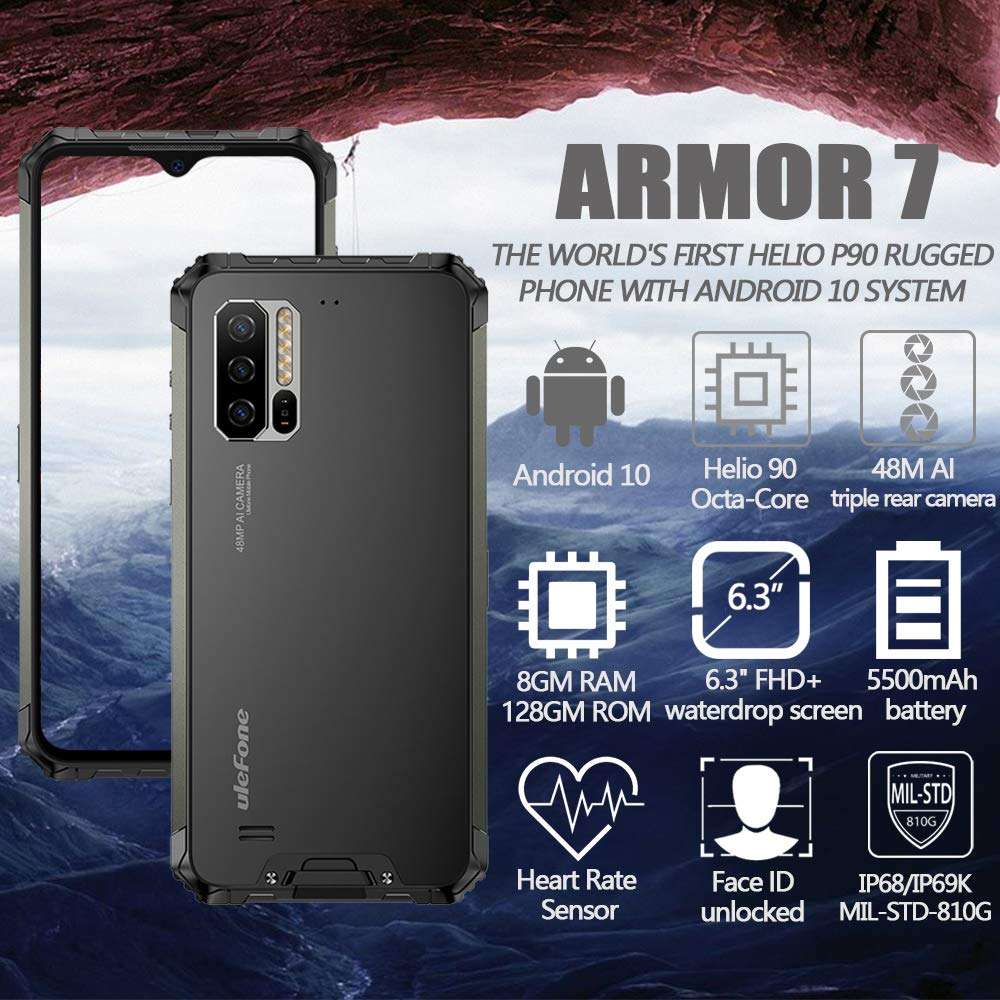 Ulefone Armor 7 （2021） Rugged Cell Phones Unlocked, 8GB+128GB Octa-Core Android 9.0 IP68 Waterproof Smartphone, 48MP Triple Rear Camera 6.3" FHD+ Screen 5500mAh Battery Dual SIM 4G LTE Rugged Phone 2