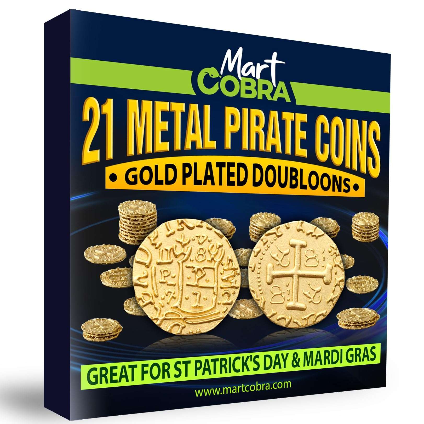 Pirate Coins Metal Gold Coins for Kids - 21 Pieces - St Patrick St Patty Day Leprechaun Fantasy Board Game Toy Doubloons Loot Tokens Monedas De Oro Pirate Props Chest Poker Set Bulk Money Medallion 1
