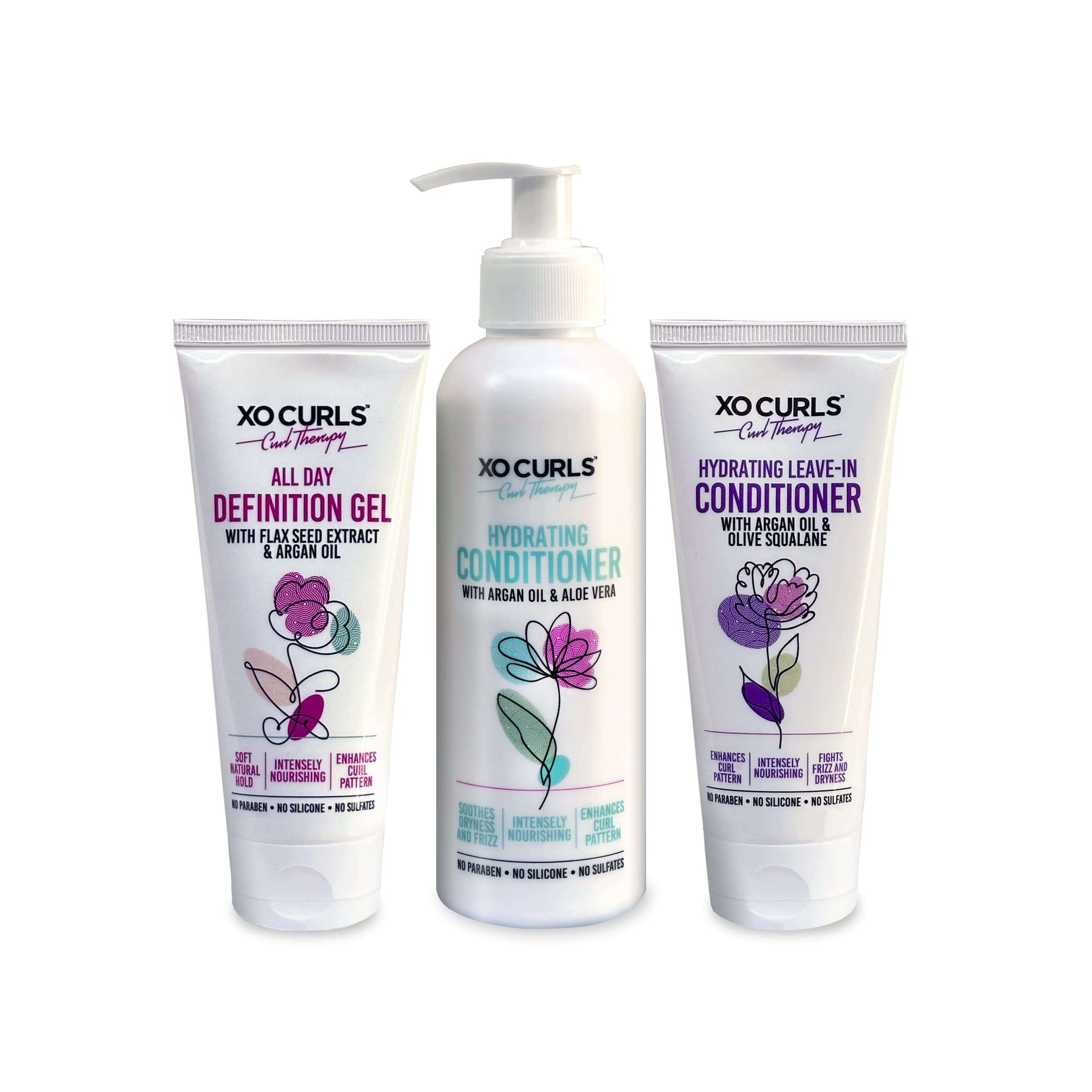 XO Curls Curl Therapy Range for Women & Men, All Day Definition Gel, Conditioner and Leave-in Conditioner Combo for frizz-free, soft natural curls 1