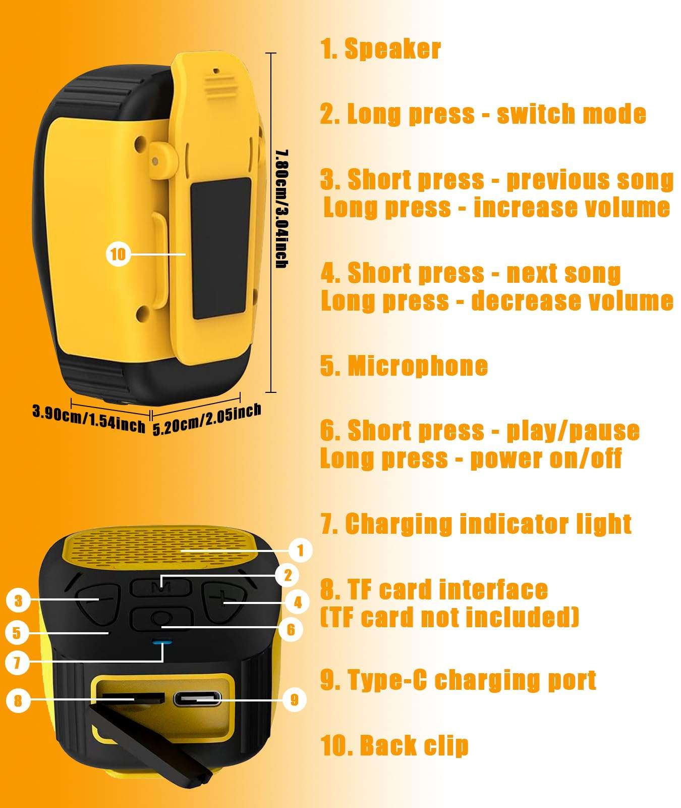 Wearable Bluetooth Speaker (Updated Version), Water-Resistant Portable Speaker Bluetooth with 30H Playtime, Hands-Free Calls, Magnetic Clip for Construction, Suitable for Indoor & Outdoor Use-Yellow 6