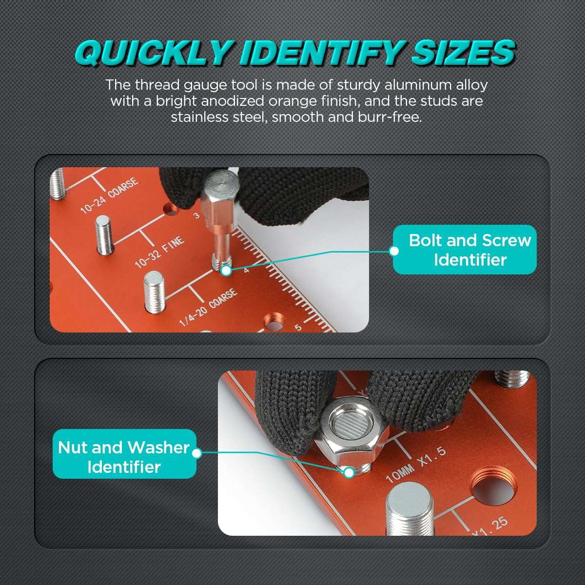 CMTOOL Thread Checker Standard and Metric, Nut Bolt Size and Thread Gauge Set, Aluminum Alloy Bolt Measuring Tool Identifier Board, Screw Size Checker 2