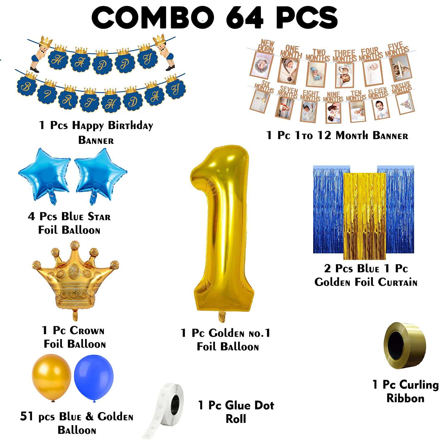 Party Propz Paper, Cardstock, Foil, Latex 1st Birthday Boy Decoration Combo Set - 64Pcs for Celebration / 1st Birthday decoration for boys/First Birthday decorations Boy theme, Blue Prince 3