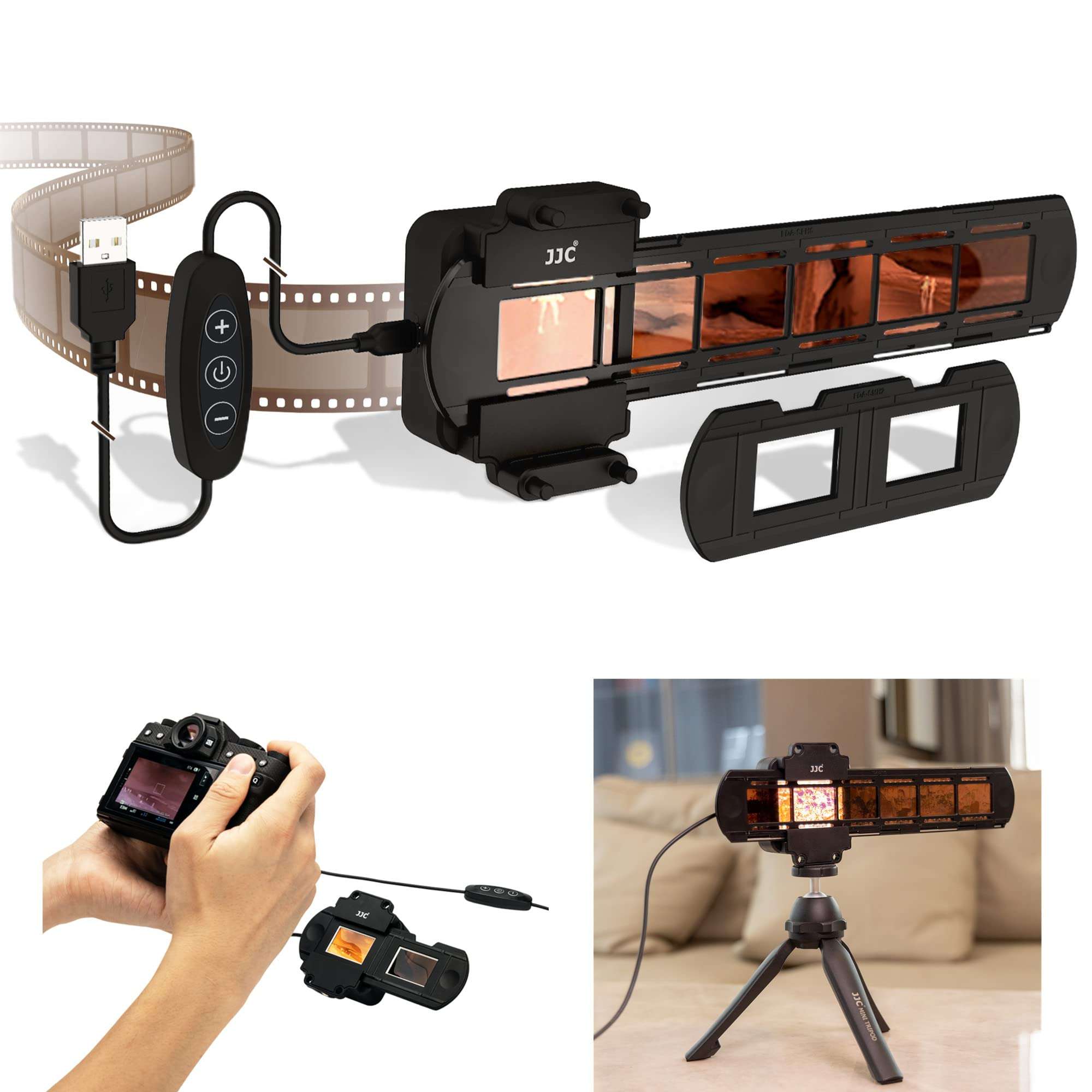 Film Digitizing Adapter Set Including USB Light Box 95+ 6500K with 10 Levels Adjustable,Slide Mount Holder for 2 Mounted 35mm Slides,Strip Film Holder for 6 Frame 35mm Film for Old Negative Copying 1