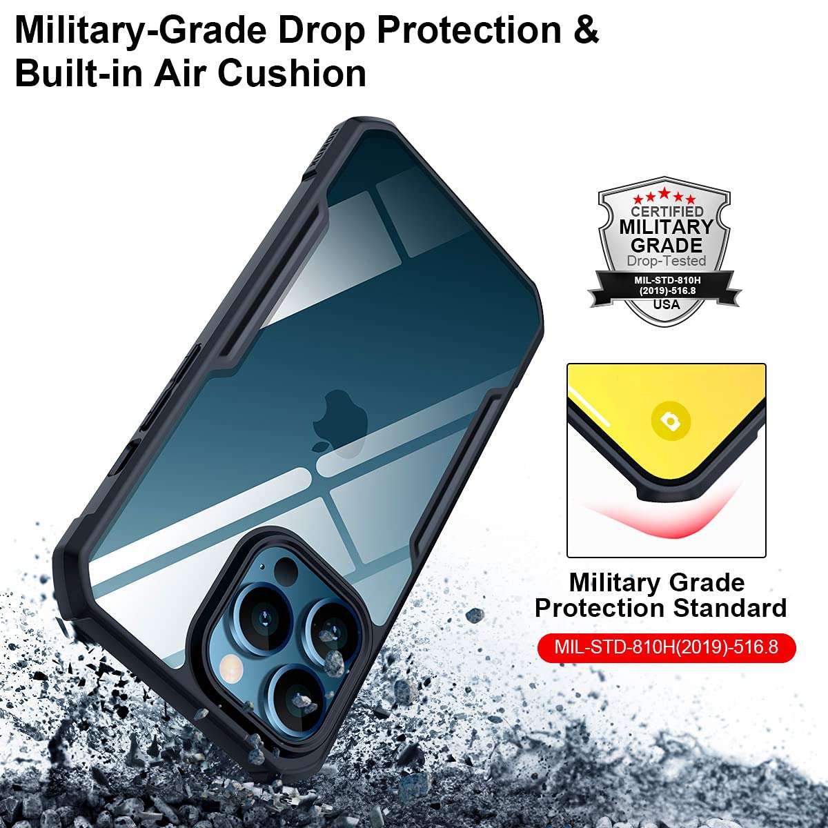 Xundd Case for iPhone 13 Pro (6.1 Inch), [Military Grade Drop Tested] Slim Clear Back with Shockproof Soft TPU Bumper Frame Cover - Black 3