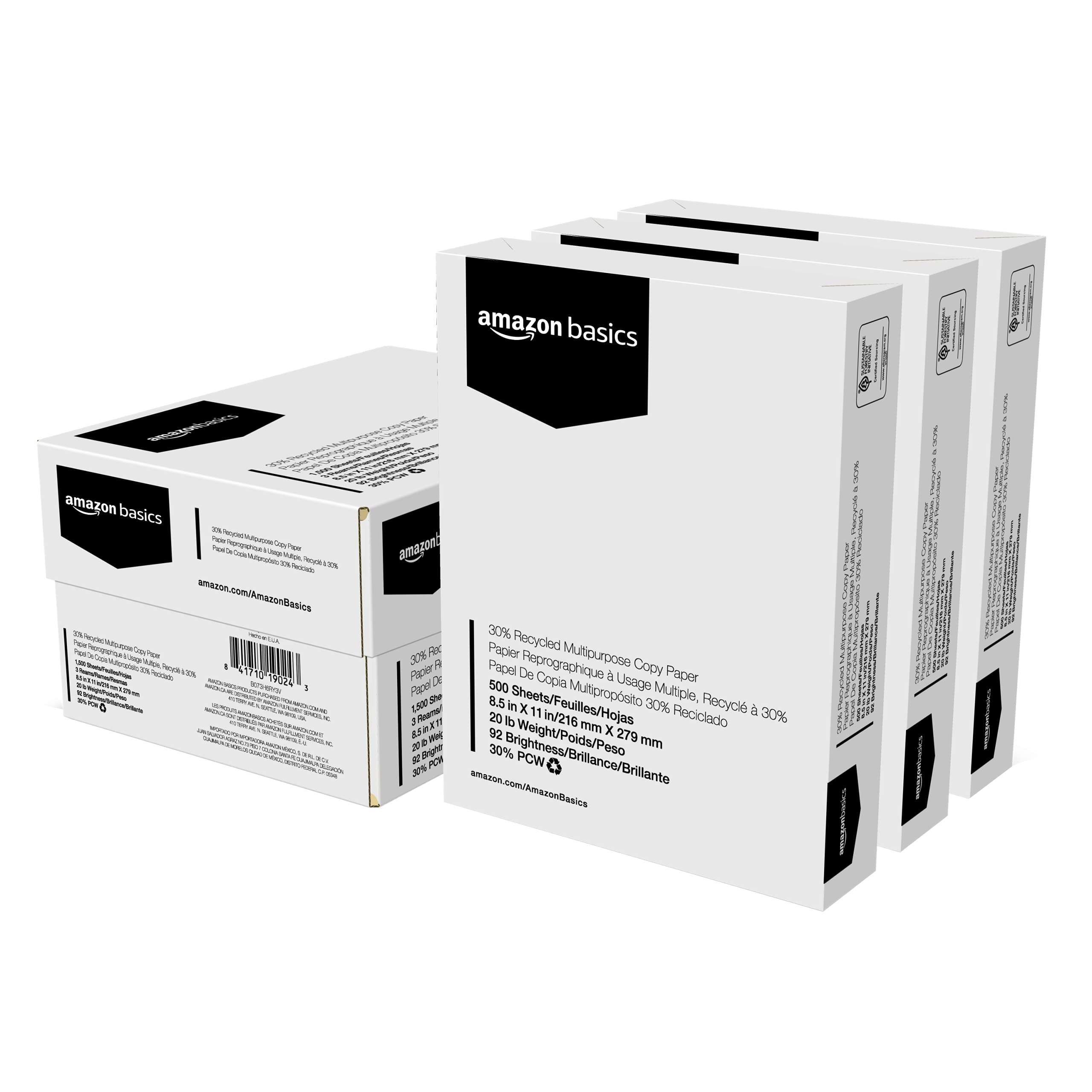 Amazon Basics 30% Recycled Multipurpose Copy Printer Paper, 8.5 x 11 Inches, 20 lb, 3 Ream, (1,500 Sheets), 92 Bright, White