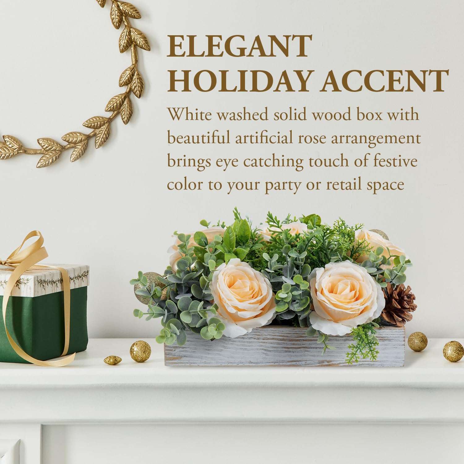 MyGift Artificial Champagne Rose Arrangement in Whitewashed Wood Box – 10.5" Faux Light Peach Flower Centerpiece with Greenery & Gold Accents for Wedding or Home Decor 4