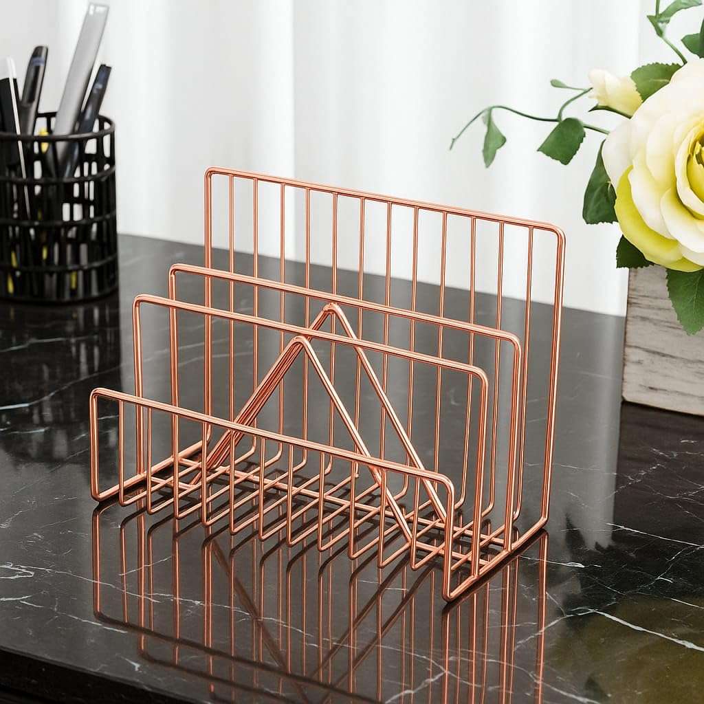 CentraLit File & Magazine Holder - Book Shelf Organiser Small book shelf for table Metal Letter Organiser with 3 Compartments,Letter Document Sorter (Rose Gold),Free Standing,Accent Shelf 3