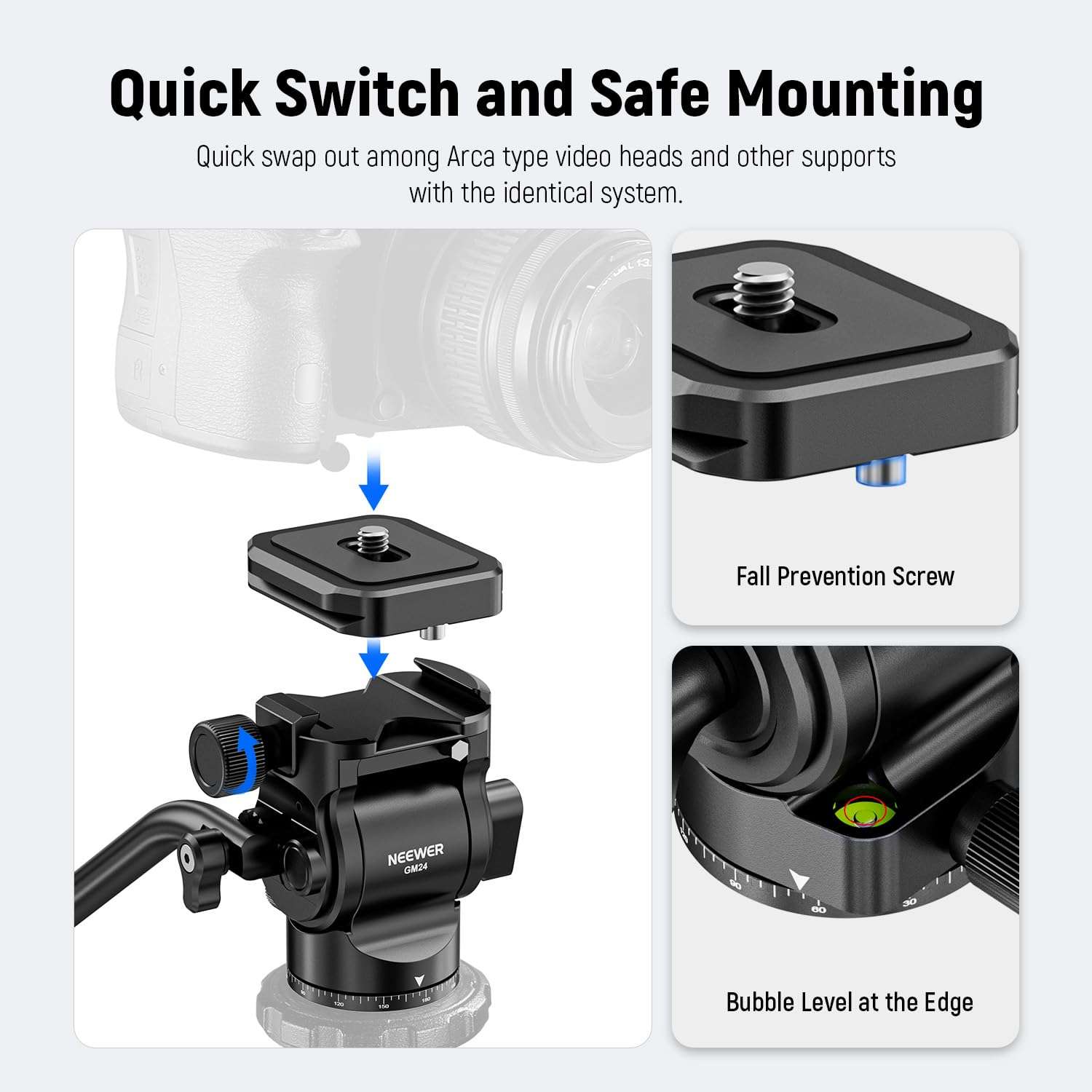 NEEWER Tripod Fluid Head with Quick Release Plate & Handle, Metal Pan Tilt Camera Tripod Mount Adapter Compatible with Arca Swiss for Compact Video Cameras DSLR, Load up to 6.6lbs, GM24 All Black 6