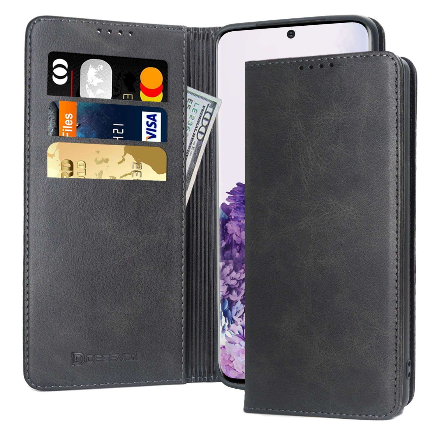 D DESSVON Samsung Galaxy S20 Case Wallet Black, Galaxy S20 Case with Card Holder Kickstand, Strong Magnet No Buckle Business Style Flip Leather Protective Phone Case Cover for Samsung Glaxy S20 1