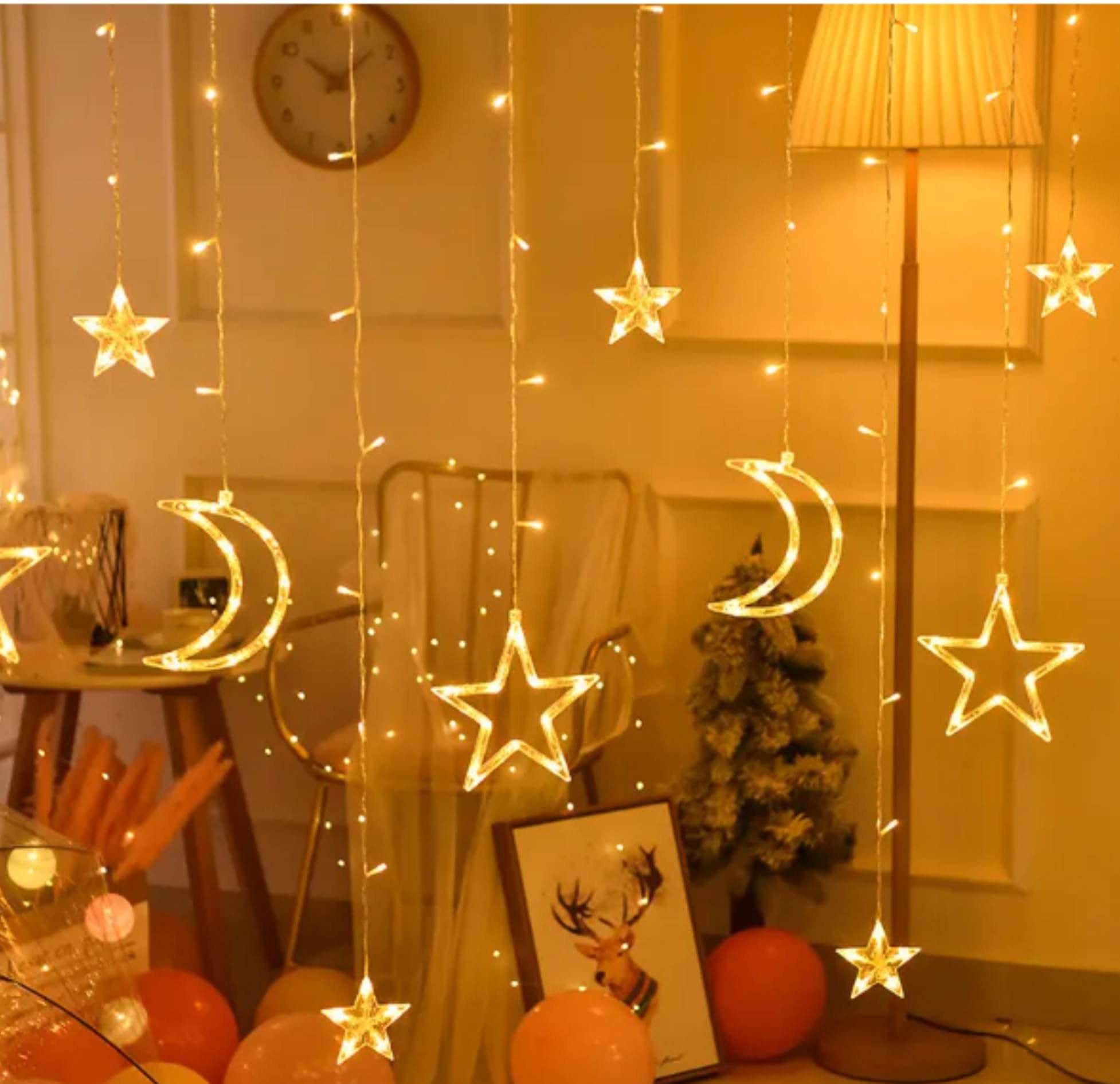 Lexton 2.6 Mtr Twinkling Star Moon Curtain Light | 100 LED, 3 Big Star 6 Small Star & 3 Moon Light | Suitable for Home, Christmas Decor, Wedding (Pack of 1, Warm White) 1