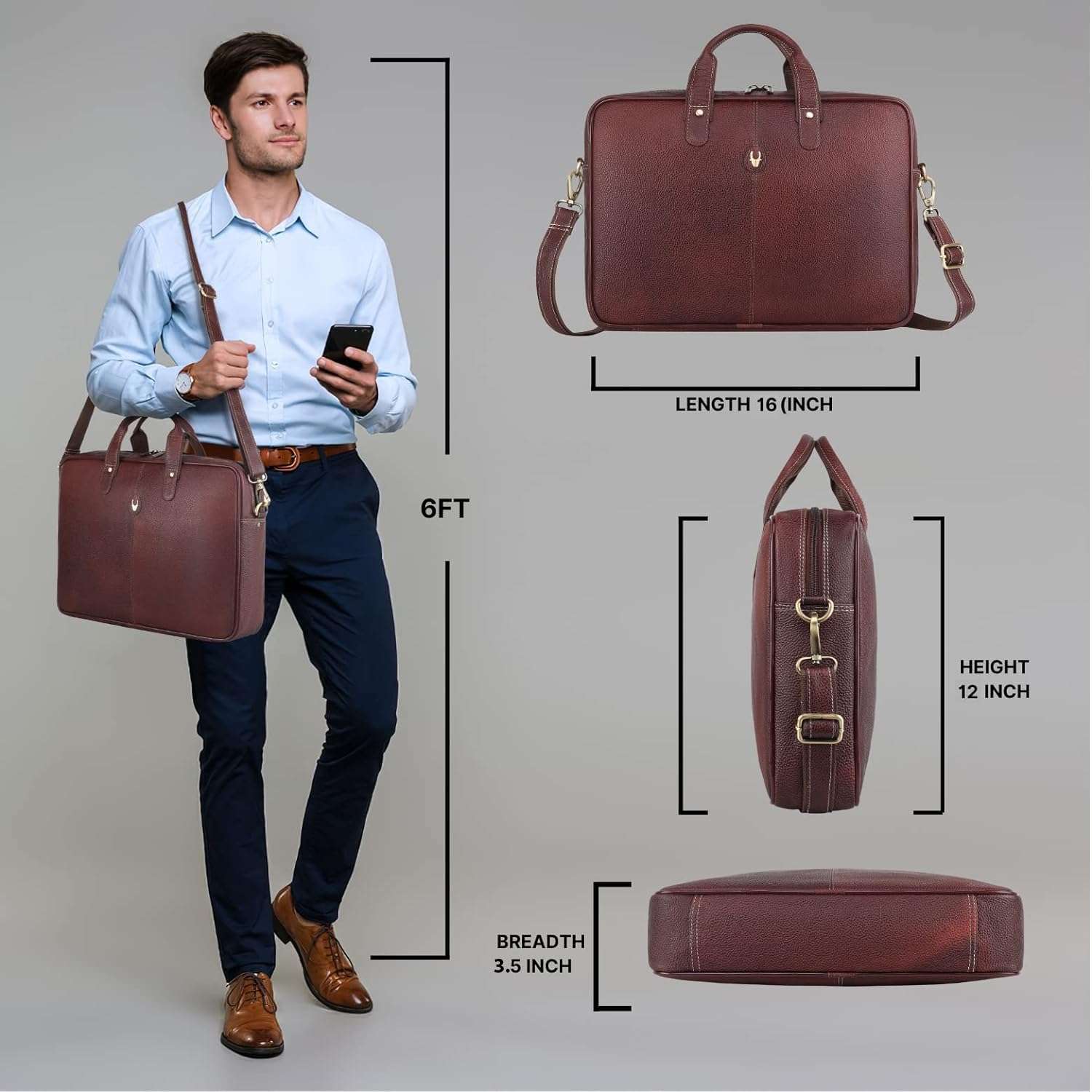 WildHorn Leather Laptop Bag for Men/Office Bag for Men | Fits Upto 15.6 Inch Laptop/MacBook | Laptop Messenger Bag/Leather Bag for Men I Dimension : L-16 inch W-3.5 inch H-12 inch (Maroon) 3
