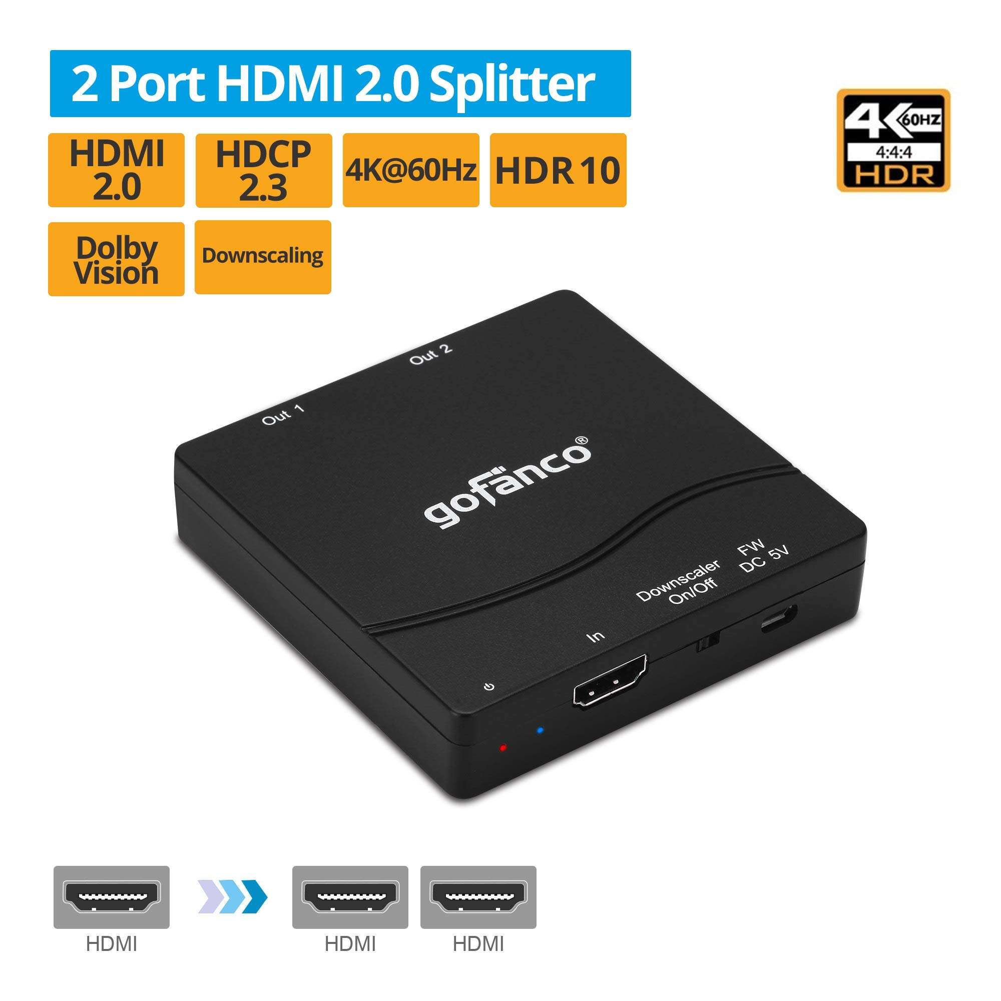 gofanco Compact 1x2 HDMI Splitter 4K 60Hz HDR – 4K @60Hz 4:4:4, 18Gbps, 4K to 1080p Scaling, HDR10, Supports Dolby Vision, HDCP 2.2, 3D, 2 Port, 1 in 2 Out (Splitter2P-HD20) 2