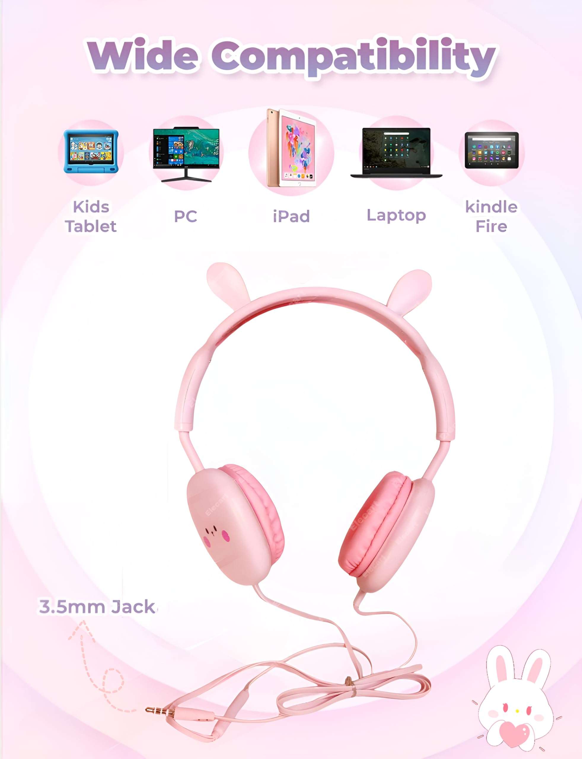 Elecart Earphone for Kids, 3.5mm Jack On Ear Wired Cute Rabbit Headphone, Stereo with Mic Earphone, Stylish Headphones for Girls/Boys, Birthday Gift for Girls (Pink Bunny) 6
