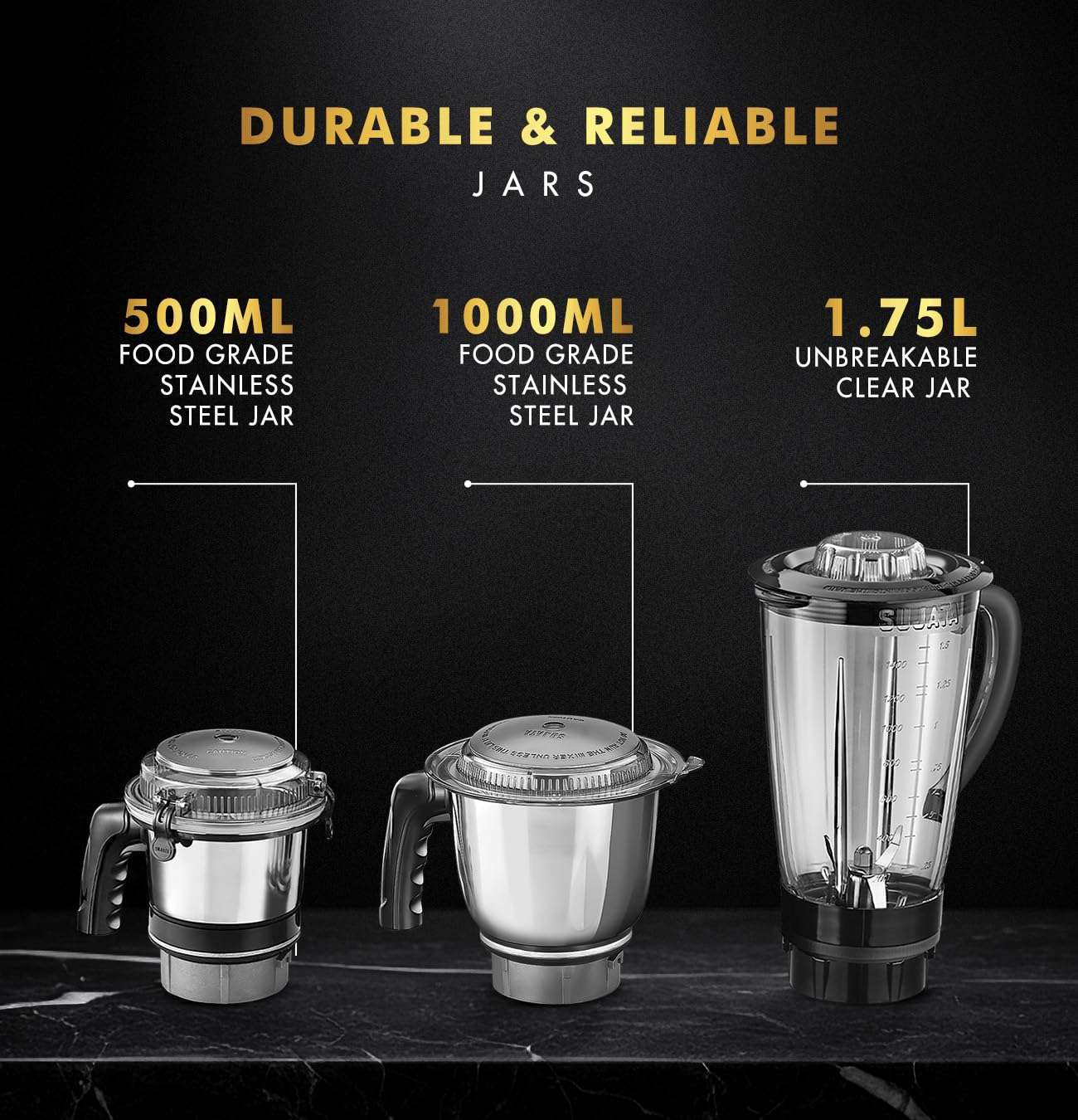 Sujata MG01 Mixer Grinder|1000 Watts Double Ball Bearing Motor|24000 RPM| Non-Stop 90 Mins Running|3 Jars including 1750ml Blender, 1000ml Grinder, 500ml Chutney Jar| (Black) 3