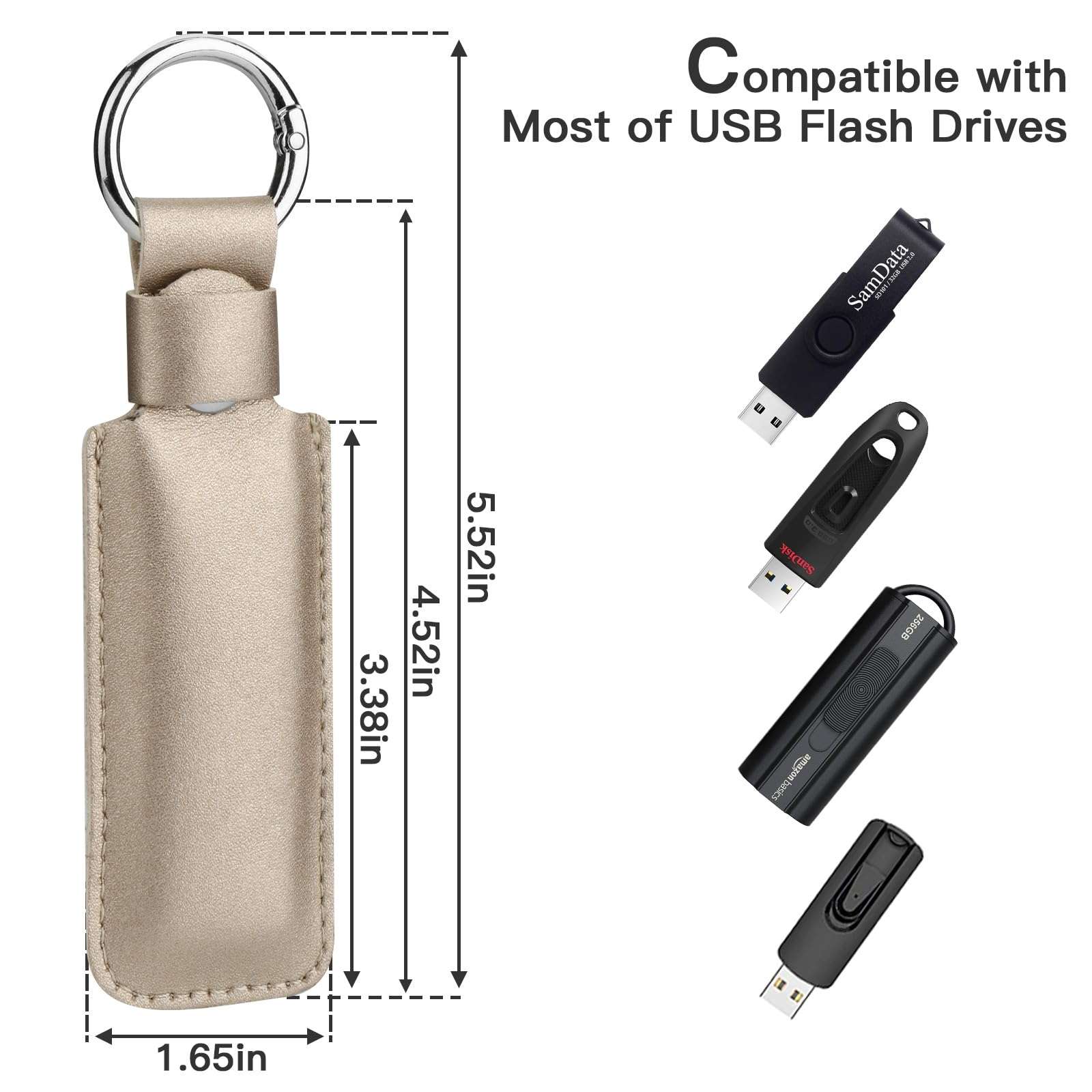 CaSZLUTION Microfiber Leather USB Flash Drive Case - Anti Lost USB Flash Drive Holder Protective Cover with Keychain, Small Portable Storage Carrying Case for USB Flash Drive (1PC, Champagne Gold) 3