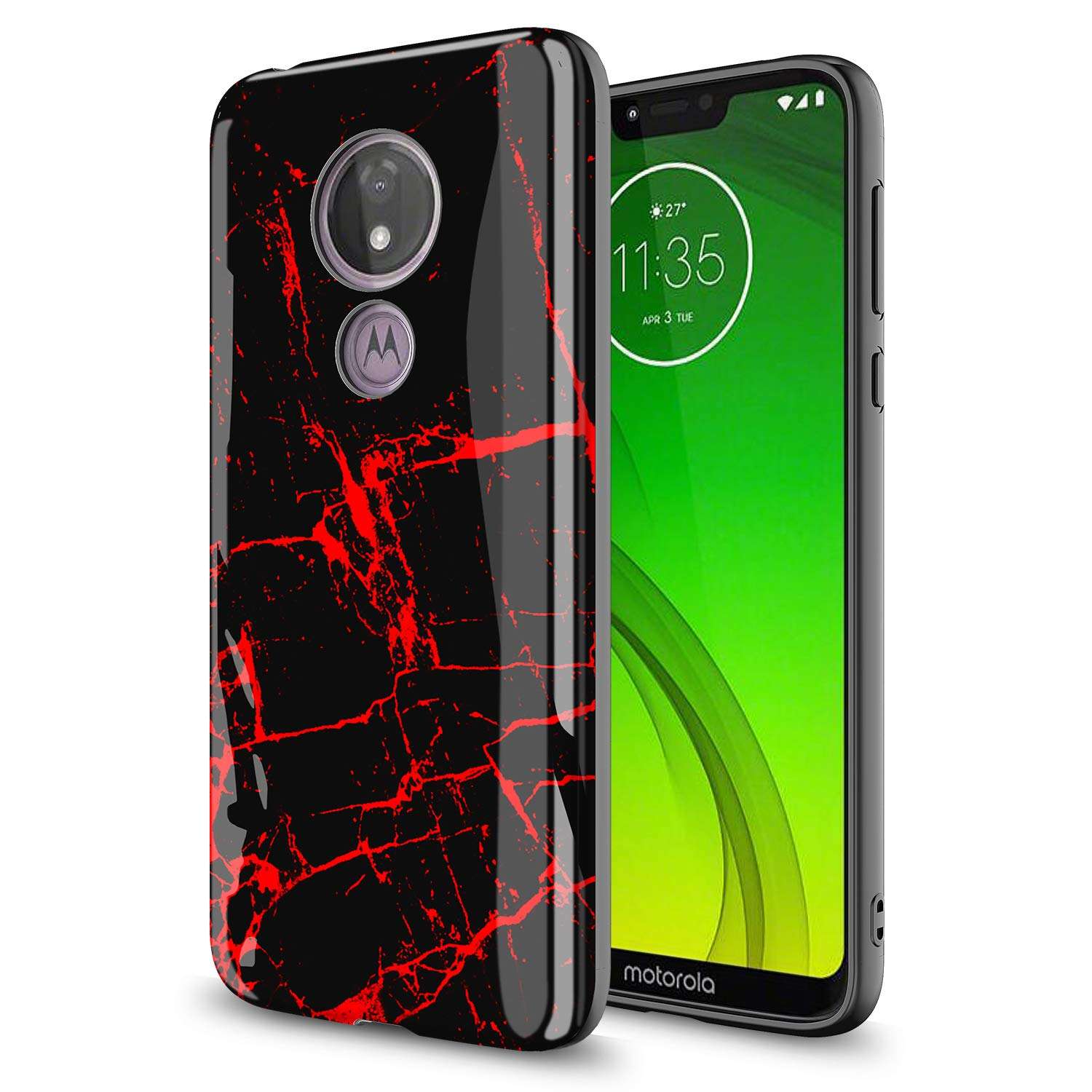 GORGCASE Case Design for Moto G7 Play, T-Mobile Revvlry, Moto G7 Optimo (XT1952DL), Slim Anti-Scratch Shock-Proof Cute Sparkle Bling Teen Girls Women Protective Cover Marble Black RED 1