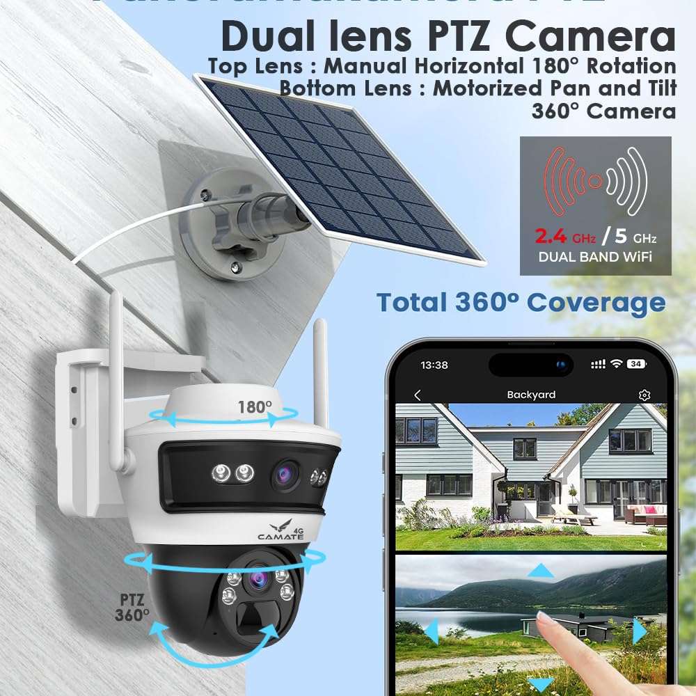 Camate Stellar Duo 4+4MP (2.4GHz & 5GHz) Dual-Band WiFi Solar Outdoor CCTV Camera with 7W Solar Panel, 10400mAh Battery, Motion Detection, Two-Way Audio, IP65 Waterproof Wireless Security Camera 4