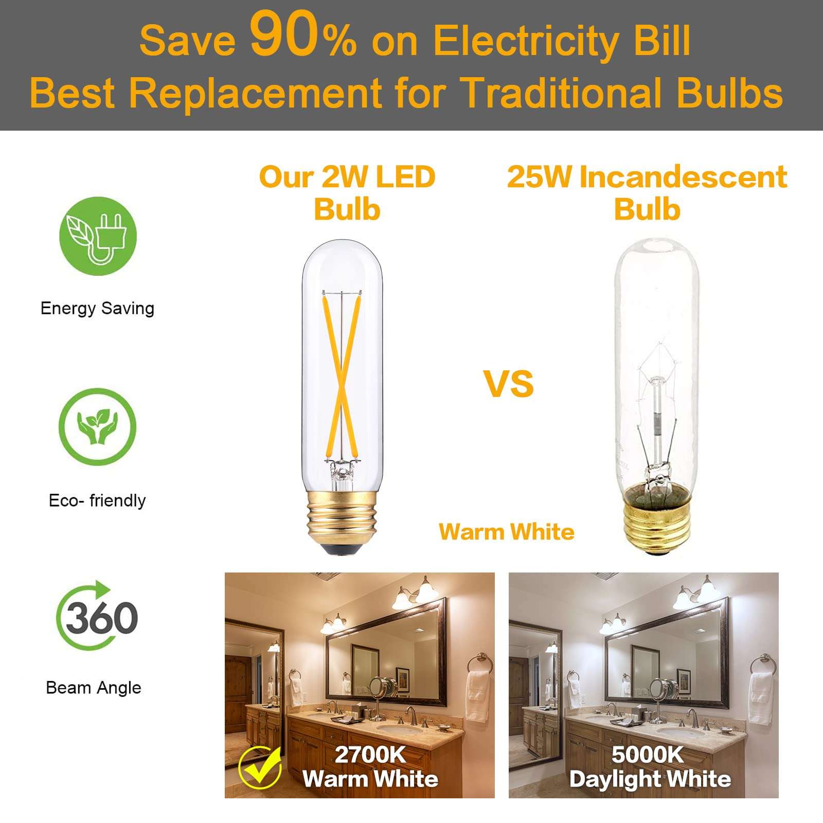 T10 Led Bulbs, 2W Dimmable Tubular Led Bulb,25 Watt Equivalent Edison Style Vintage LED Filament Light Bulb, E26 Long Tube Lamp, 2700K Woft Warm White, 6 Pack 6