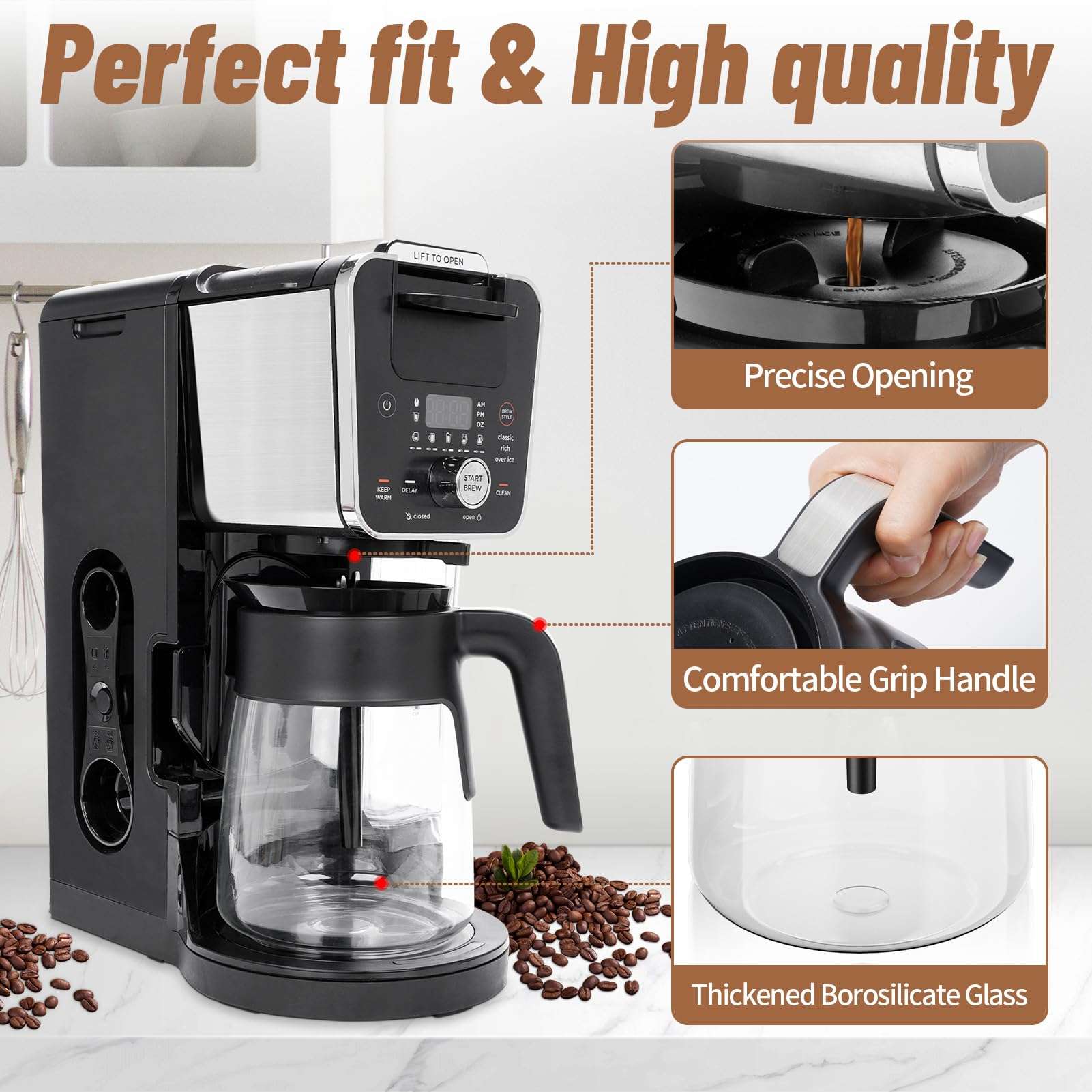 12 Cup Coffee Pot Replacement for Ninja Coffee Maker CFP101 CFP201 CFP301 CFN601 CFP250A CFP300 CFP307, Glass Carafe Replacement with Brew-Through Lid, Ninja Coffee Pot Replacement with Sturdy Handle 5