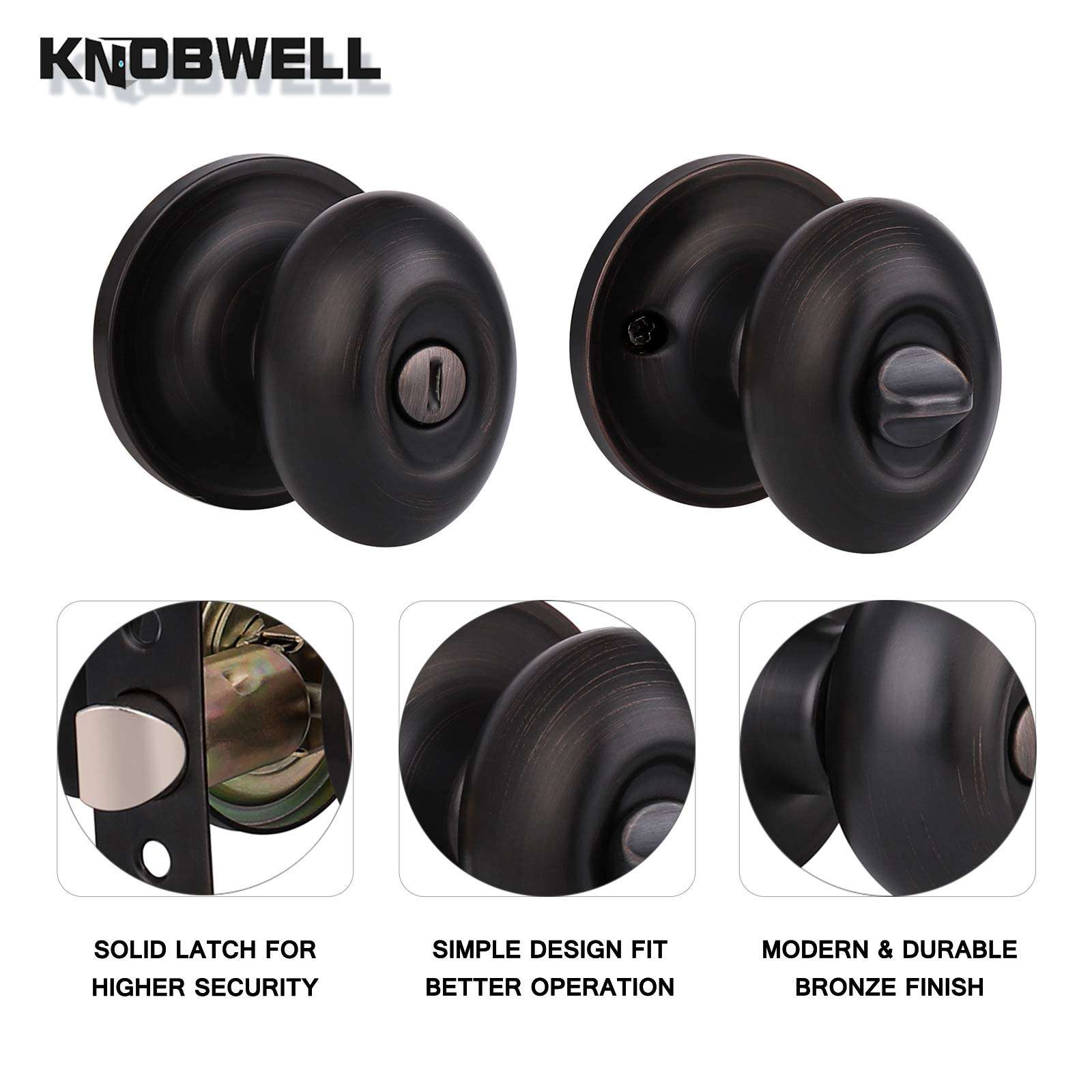 KNOBWELL 3 Pack Privacy Door Knob Locking Door Knobs, Bedroom Door Knobs with Lock, Oval Style, Privacy Door Knob for Bed or Bath Function Interior Door Use, Oil Rubbed Bronze 4