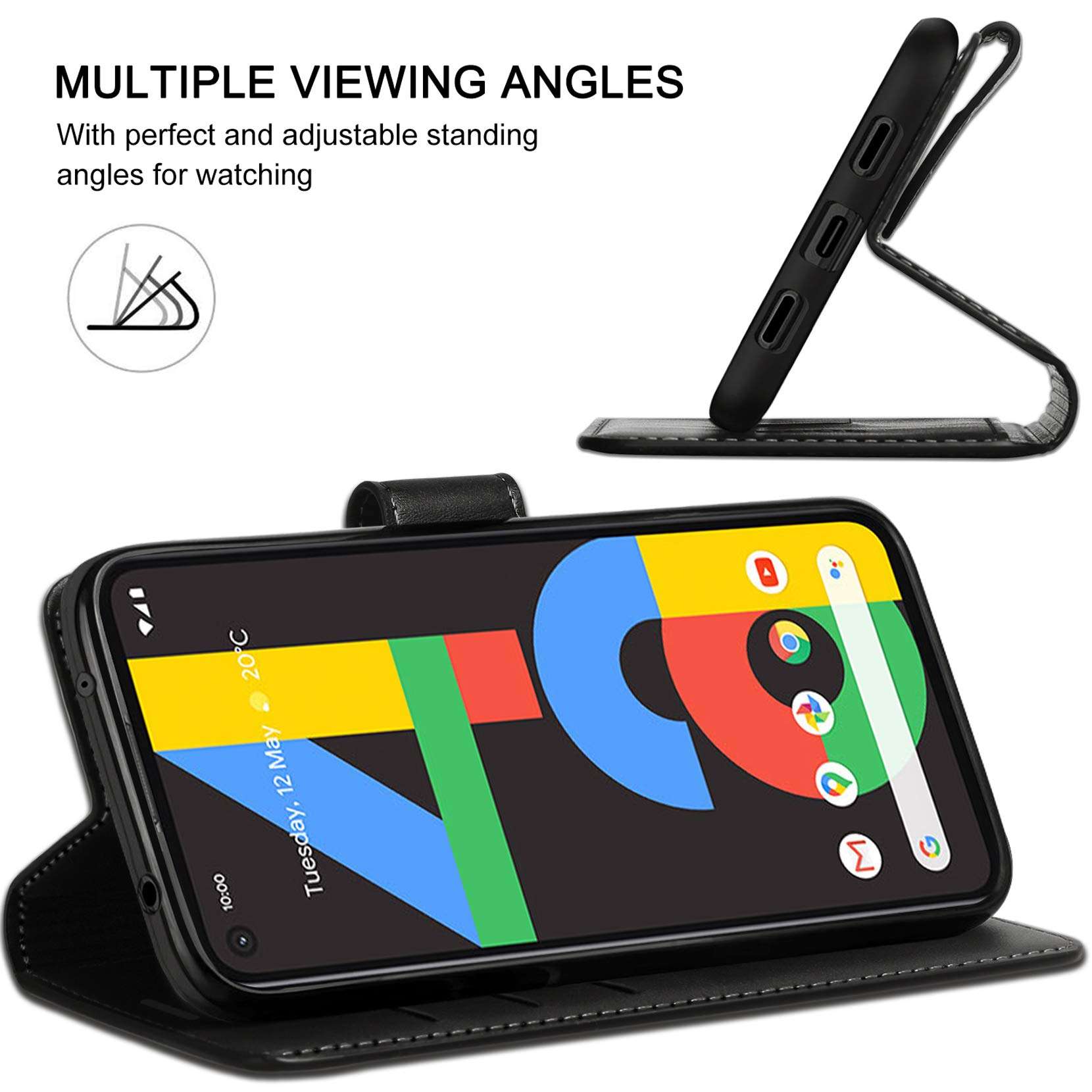 ykooe Google Pixel 4A Case (5.8"), Classic PU Leather Flip Phone Case for Google Pixel 4A 2020 Card Holder Cover, Black 4