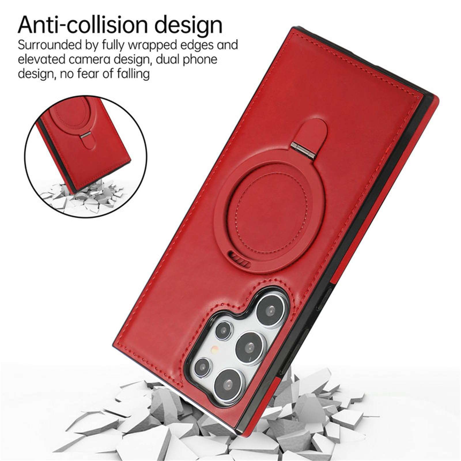 AdirMi Case for Samsung Galaxy S24 Ultra/S24 Plus/S24, Premium PU Leather and Soft TPU Non-Slip Grip Bumper with Invisible Stand [Compatible with MagSafe],Red,S24 Ultra 5