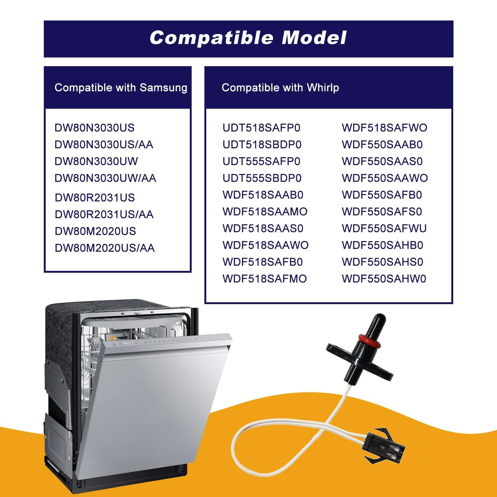DD81-02152A Dishwasher Thermistor Temperature Sensor for Samsung DW80N3030US DW80R2031US, Replacement for Whirlpool UDT518SAFP0, W10567618 Thermistor Temperature Sensor 4